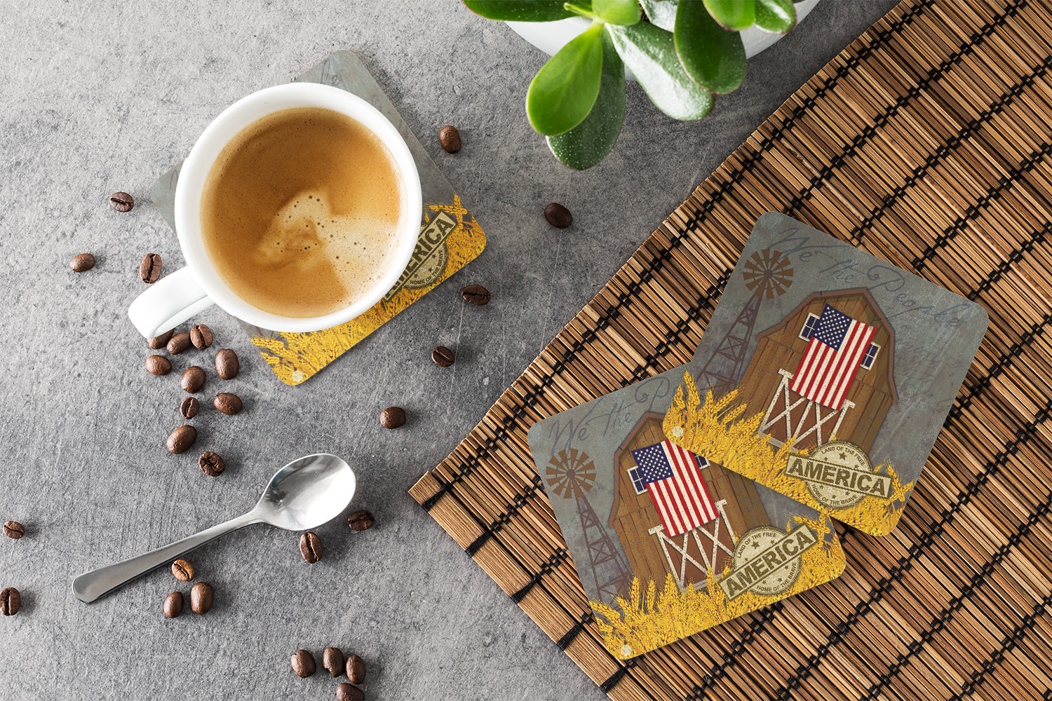 Patriotic Barn Land of America Foam Coasters Set of 4 Cup Coasters for Indoor Outdoor, Tabletop Protection, Anti Slip, Mouse pad Material