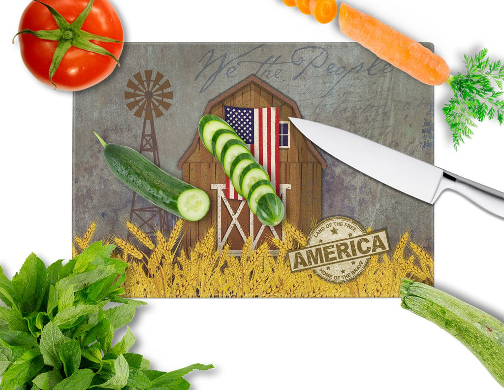 Patriotic Barn Land of America Cutting Board Tempered Glass Kitchen Cutting Surface, Heat Resistant Chopping, Non-Slip Feet, Food Prep & Serving