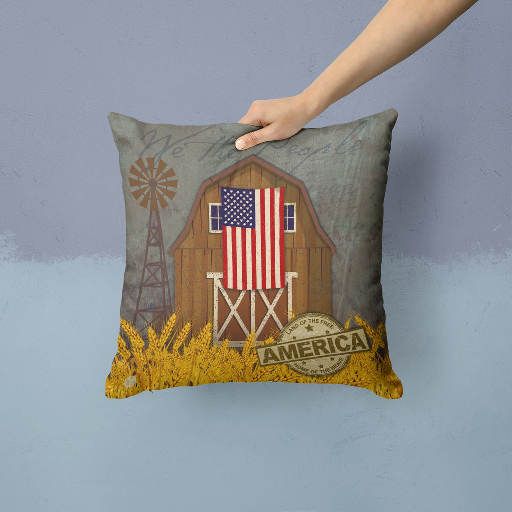 Patriotic Barn Land of America Decorative Throw Pillow 14x14 Indoor Outdoor Accent Cushion, Fabric Cover with Insert for Sofa, Bed, Porch & Living Room