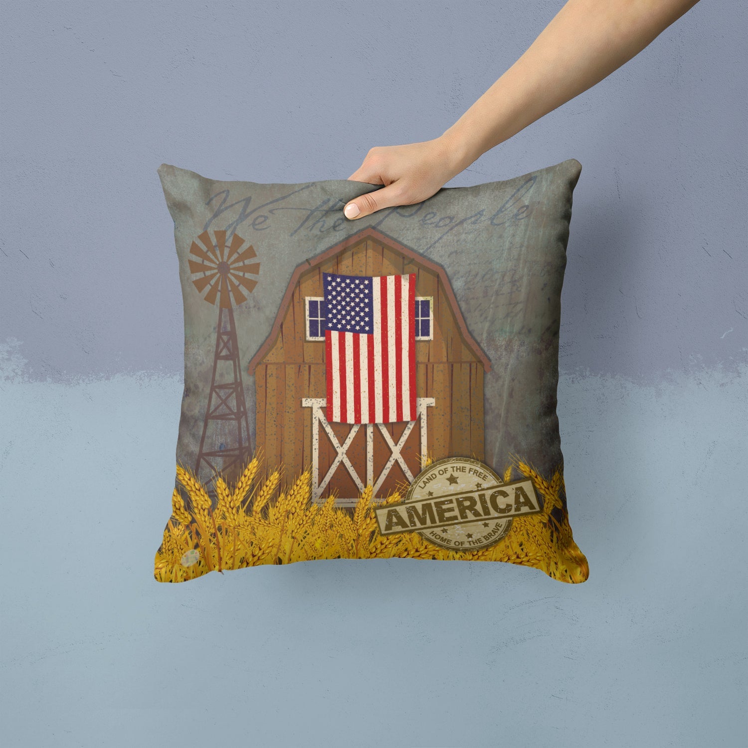 Patriotic Barn Land of America Decorative Throw Pillow 14x14 Indoor Outdoor Accent Cushion, Fabric Cover with Insert for Sofa, Bed, Porch & Living Room