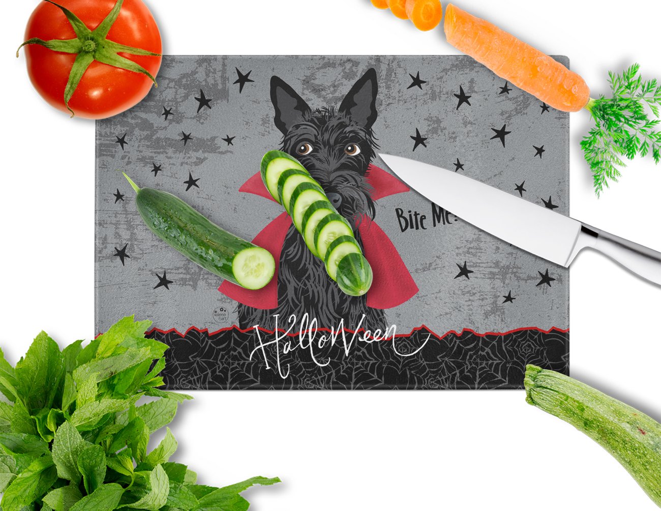Halloween Vampire Scottie Cutting Board Tempered Glass Kitchen Cutting Surface, Heat Resistant Chopping, Non-Slip Feet, Food Prep & Serving