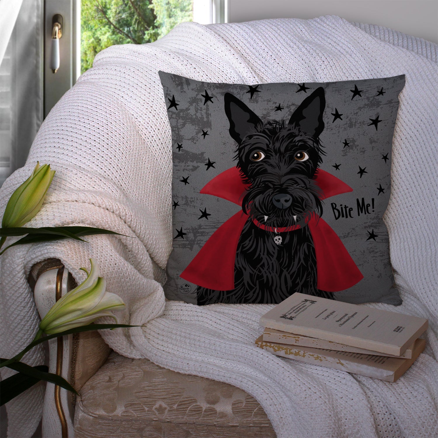 Halloween Vampire Scottie Decorative Throw Pillow 14x14 Indoor Outdoor Accent Cushion, Fabric Cover with Insert for Sofa, Bed, Porch & Living Room