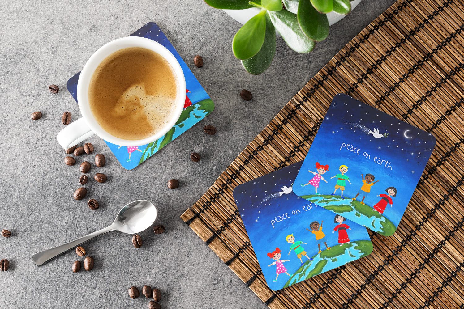 Peace on Earth Foam Coasters Set of 4 Cup Coasters for Indoor Outdoor, Tabletop Protection, Anti Slip, Mouse pad Material