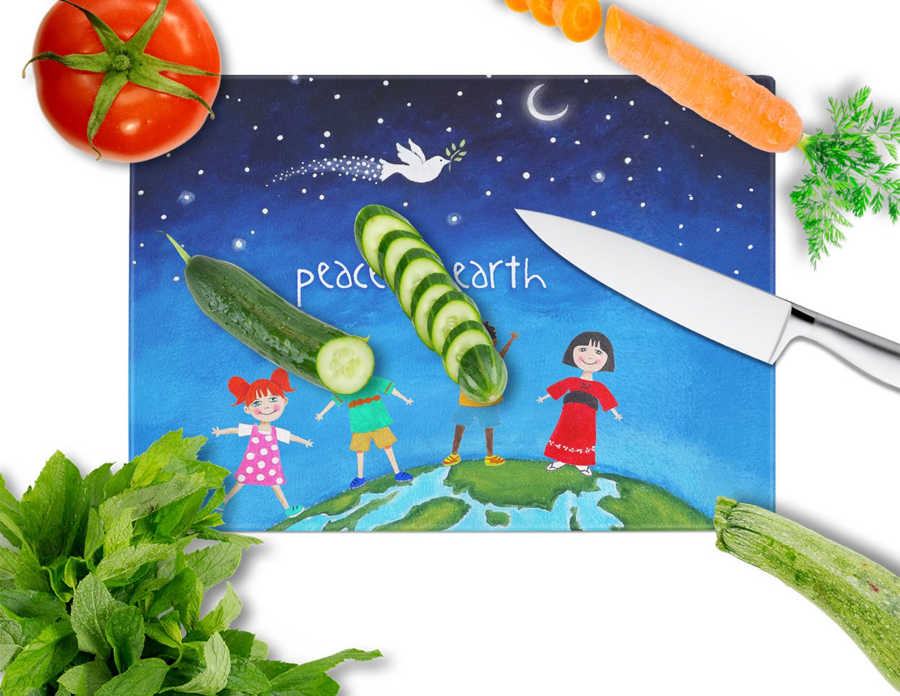 Peace on Earth Cutting Board Tempered Glass Kitchen Cutting Surface, Heat Resistant Chopping, Non-Slip Feet, Food Prep & Serving