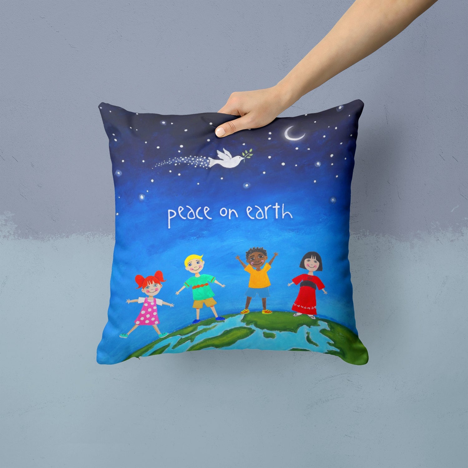 Peace on Earth Decorative Throw Pillow 14x14 Indoor Outdoor Accent Cushion, Fabric Cover with Insert for Sofa, Bed, Porch & Living Room
