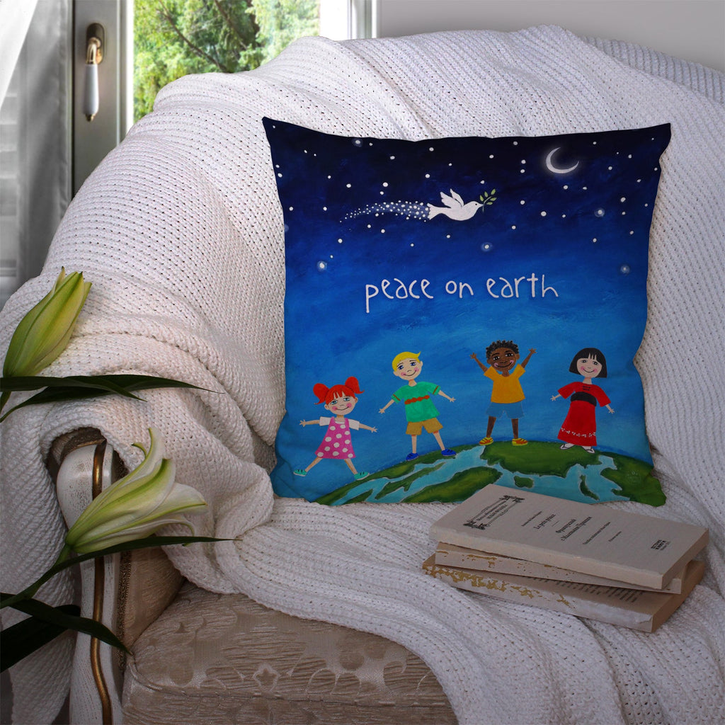 Peace on Earth Decorative Throw Pillow 14x14 Indoor Outdoor Accent Cushion, Fabric Cover with Insert for Sofa, Bed, Porch & Living Room