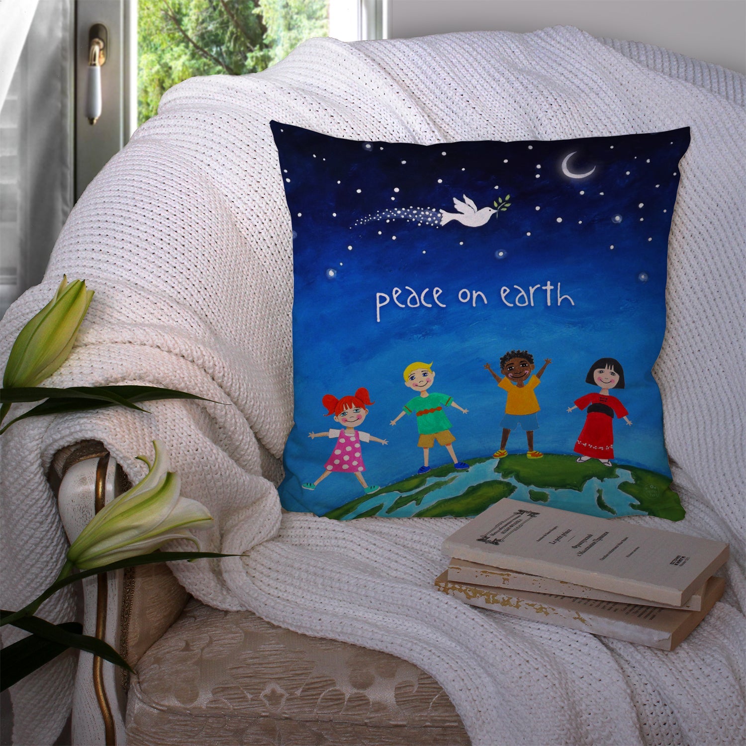 Peace on Earth Decorative Throw Pillow 14x14 Indoor Outdoor Accent Cushion, Fabric Cover with Insert for Sofa, Bed, Porch & Living Room