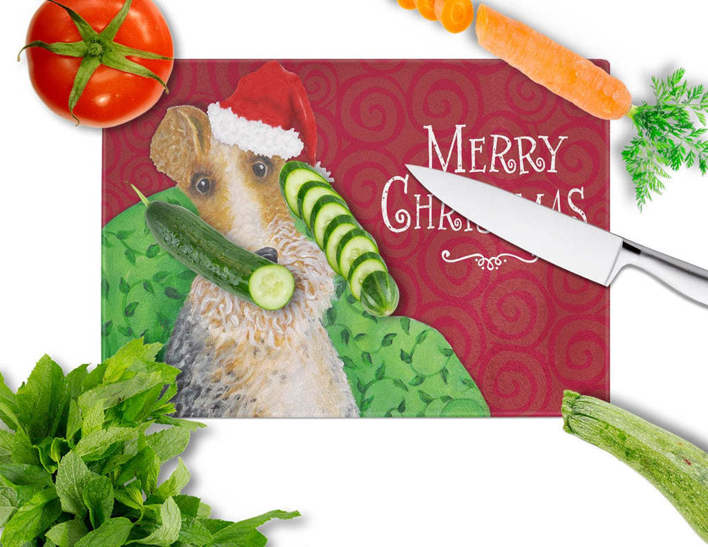 Wire Fox Terrier Christmas Cutting Board Tempered Glass Kitchen Cutting Surface, Heat Resistant Chopping, Non-Slip Feet, Food Prep & Serving