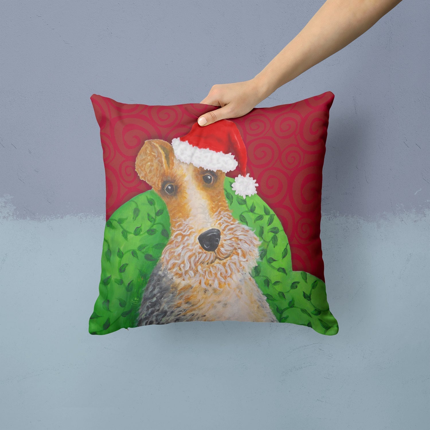 Wire Fox Terrier Christmas Decorative Throw Pillow 14x14 Indoor Outdoor Accent Cushion, Fabric Cover with Insert for Sofa, Bed, Porch & Living Room