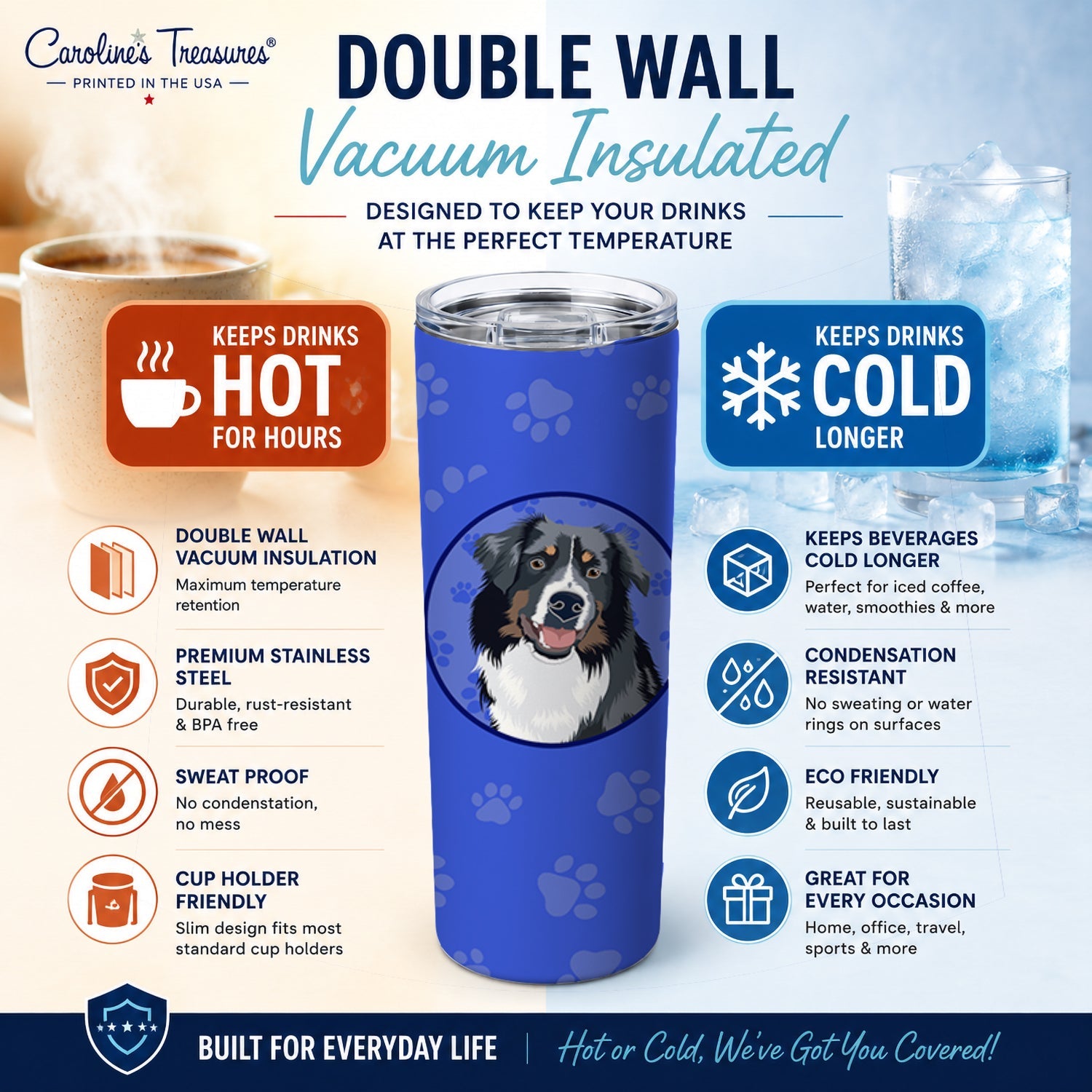 Australian Shepherd Black Tricolor #1  Stainless Steel Skinny Tumbler 20 oz Vacuum Double Walled Reusable Insulated Travel Cup