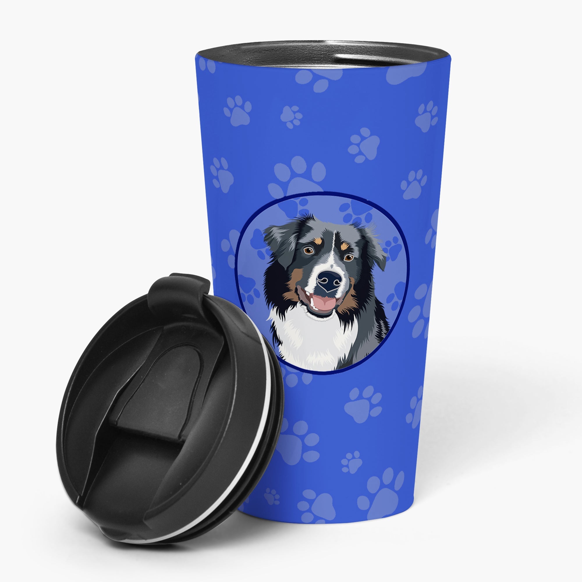 Australian Shepherd Black Tricolor #1  Stainless Steel 16 oz  Tumbler Blue Insulated Tumbler with Lid, Cute Travel Cup for Coffee, Cocktails, Gift Men, Dad, Women, Mother