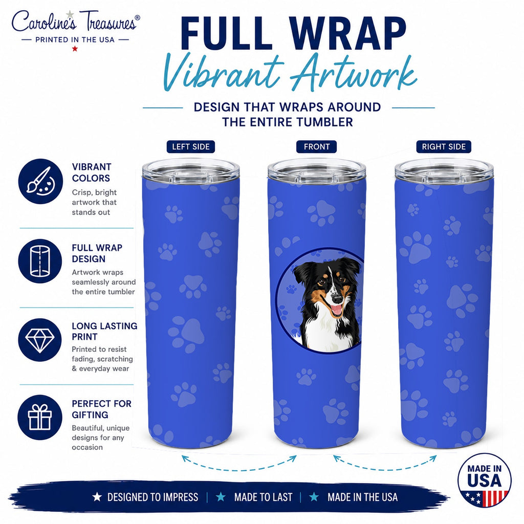 Australian Shepherd Black Tricolor #3  Stainless Steel Skinny Tumbler 20 oz Vacuum Double Walled Reusable Insulated Travel Cup