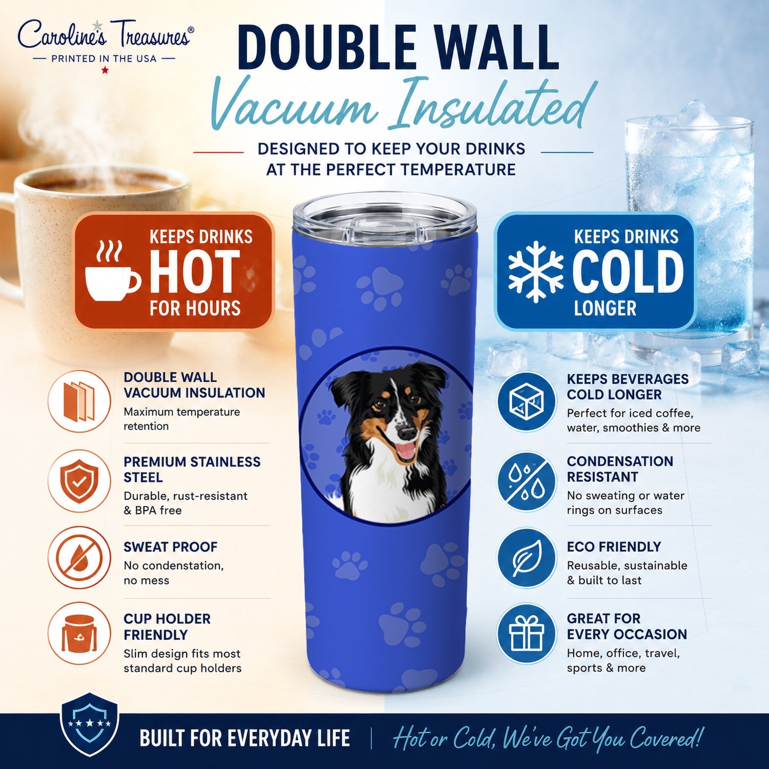 Australian Shepherd Black Tricolor #3  Stainless Steel Skinny Tumbler 20 oz Vacuum Double Walled Reusable Insulated Travel Cup