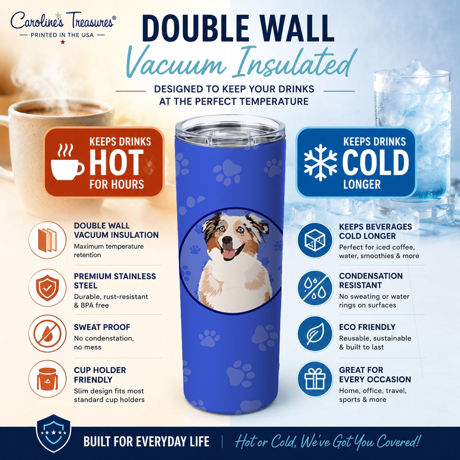 Australian Shepherd Red Merle Tricolor #2  Stainless Steel Skinny Tumbler 20 oz Vacuum Double Walled Reusable Insulated Travel Cup