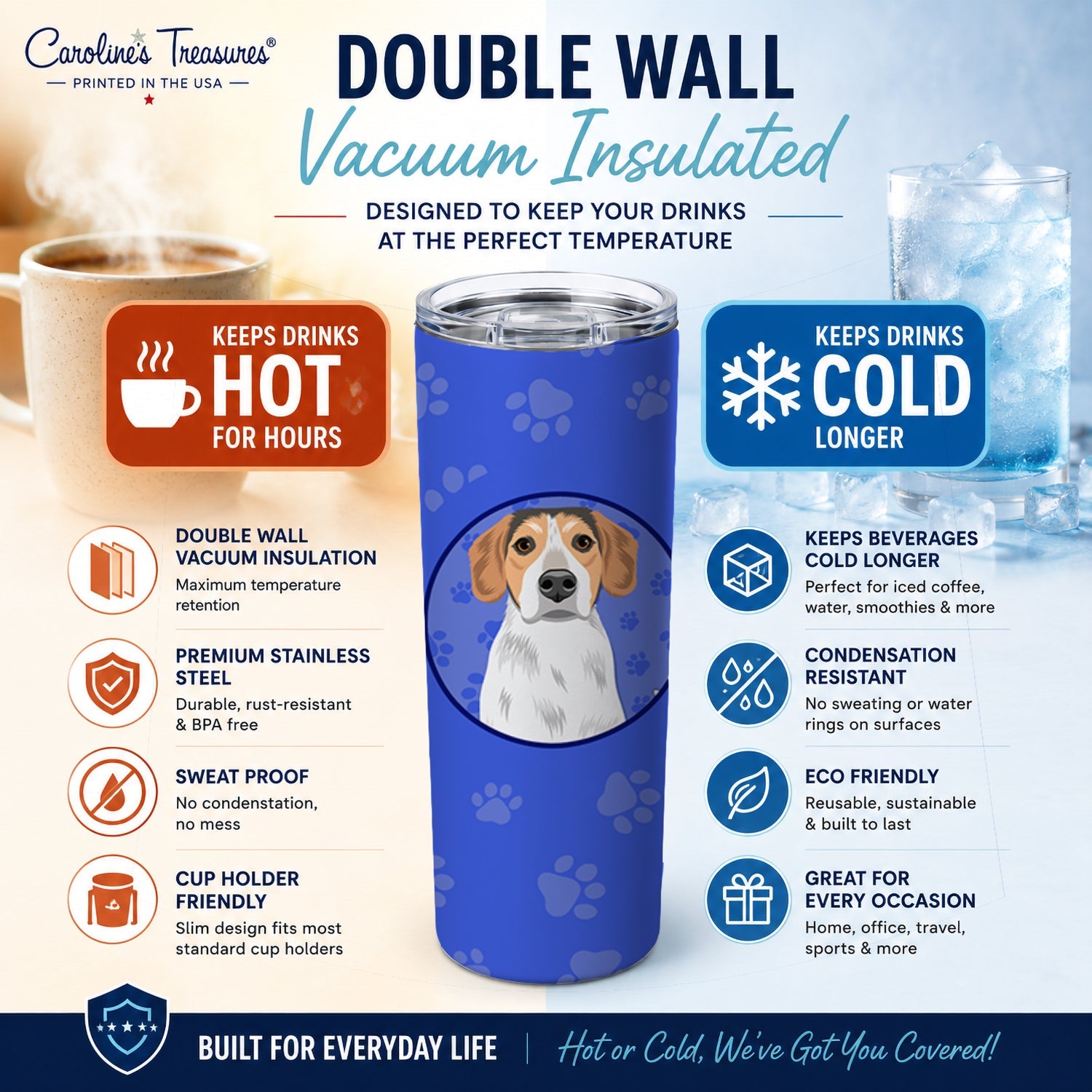 Beagle Tricolor #2  Stainless Steel Skinny Tumbler 20 oz Vacuum Double Walled Reusable Insulated Travel Cup