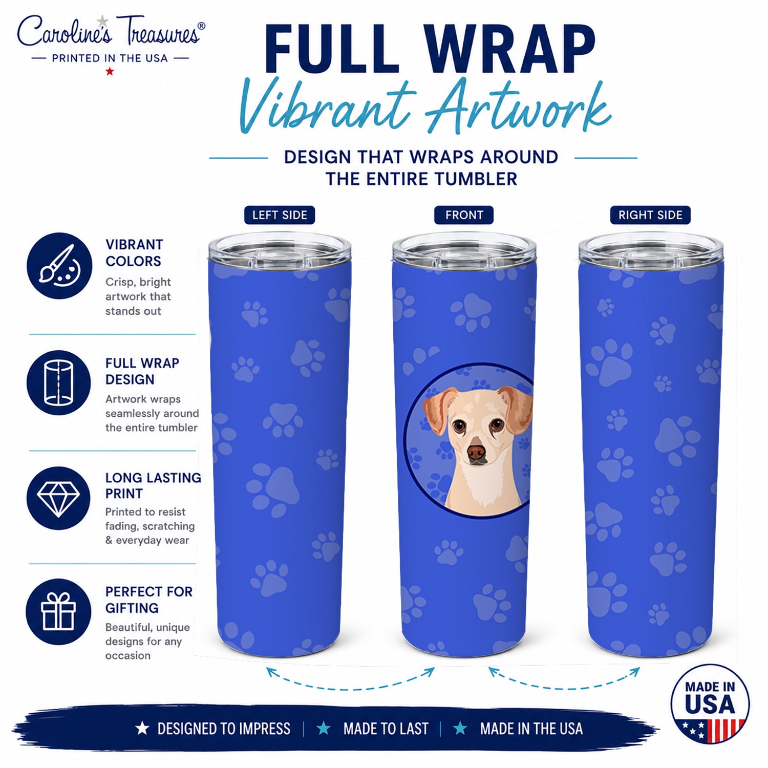 Chihuahua Cream  Stainless Steel Skinny Tumbler 20 oz Vacuum Double Walled Reusable Insulated Travel Cup