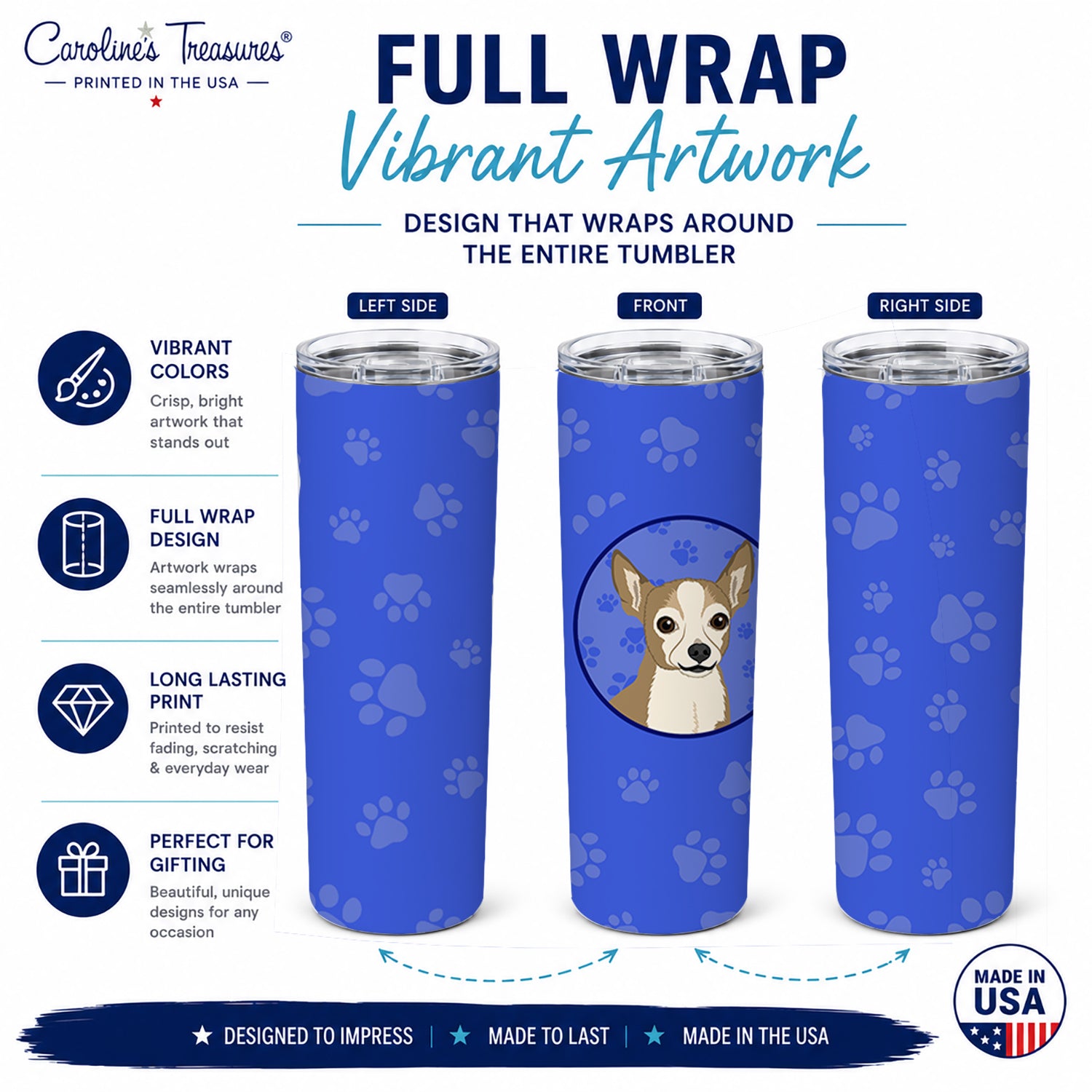 Chihuahua Silver and Tan  Stainless Steel Skinny Tumbler 20 oz Vacuum Double Walled Reusable Insulated Travel Cup