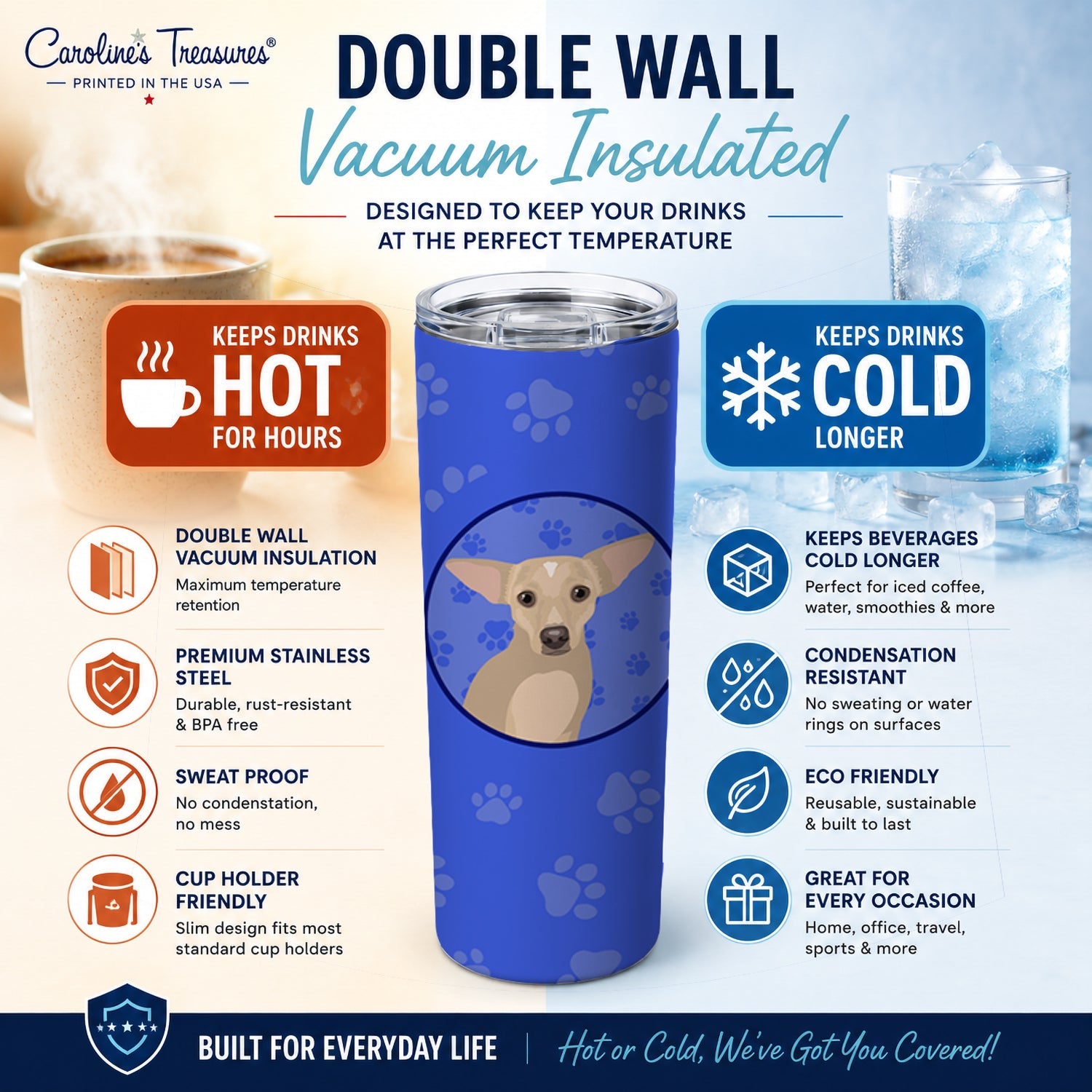Chihuahua Silver  Stainless Steel Skinny Tumbler 20 oz Vacuum Double Walled Reusable Insulated Travel Cup