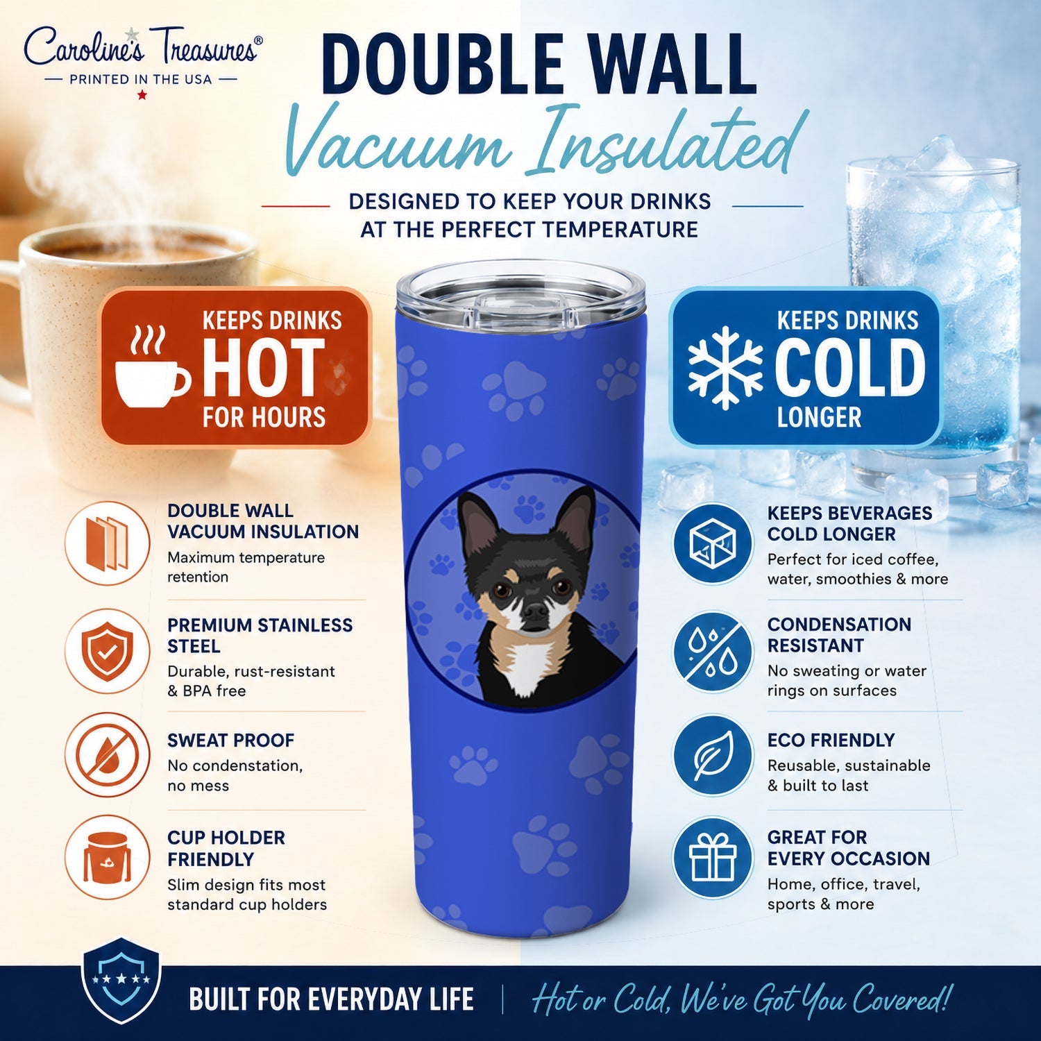 Chihuahua Tricolor #2  Stainless Steel Skinny Tumbler 20 oz Vacuum Double Walled Reusable Insulated Travel Cup