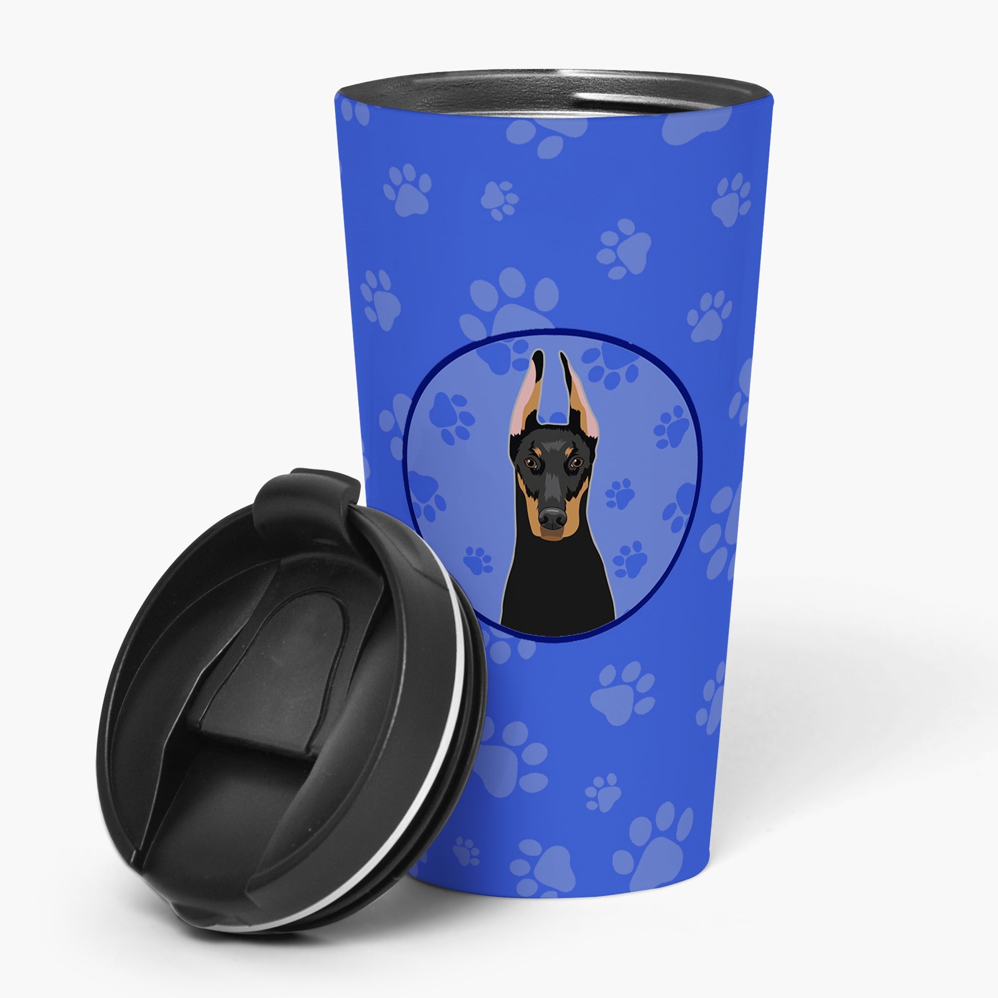 Doberman Pinscher Black and Rust Cropped Ears  Stainless Steel 16 oz  Tumbler Blue Insulated Tumbler with Lid, Cute Travel Cup for Coffee, Cocktails, Gift Men, Dad, Women, Mother