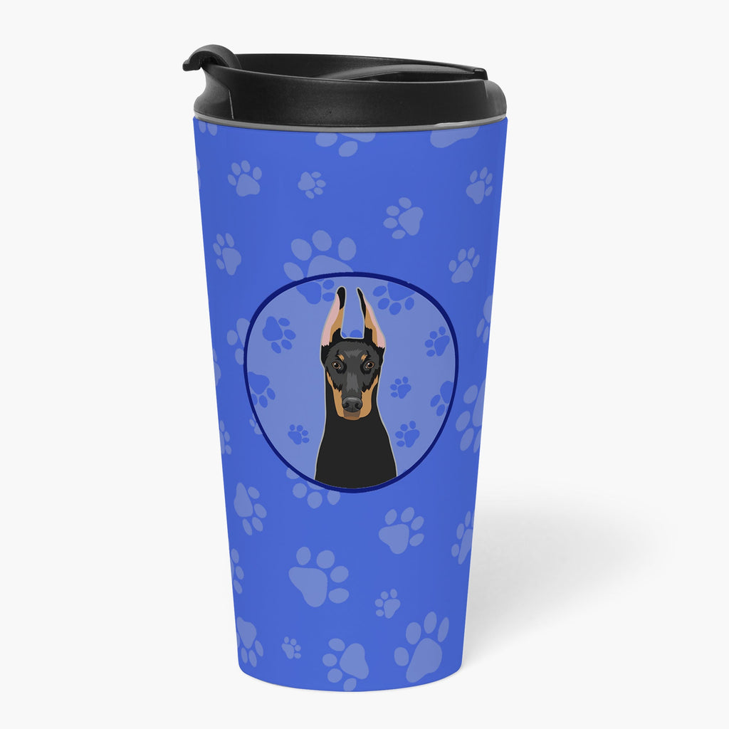 Doberman Pinscher Black and Rust Cropped Ears  Stainless Steel 16 oz  Tumbler Blue Insulated Tumbler with Lid, Cute Travel Cup for Coffee, Cocktails, Gift Men, Dad, Women, Mother