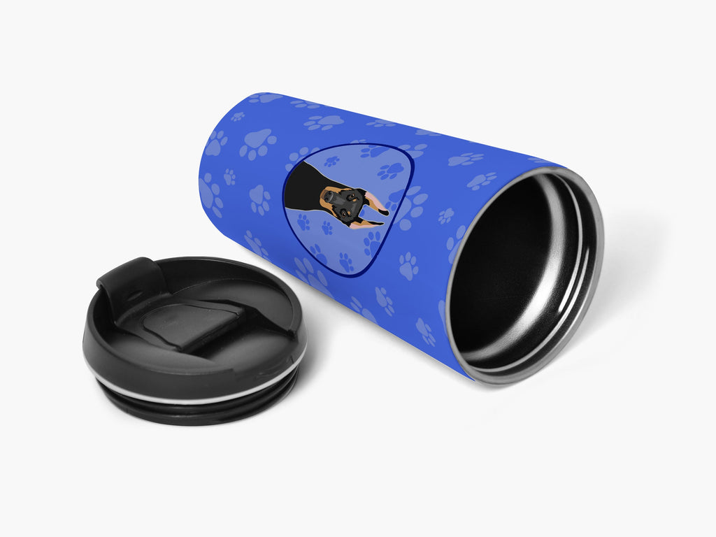 Doberman Pinscher Black and Rust Cropped Ears  Stainless Steel 16 oz  Tumbler Blue Insulated Tumbler with Lid, Cute Travel Cup for Coffee, Cocktails, Gift Men, Dad, Women, Mother