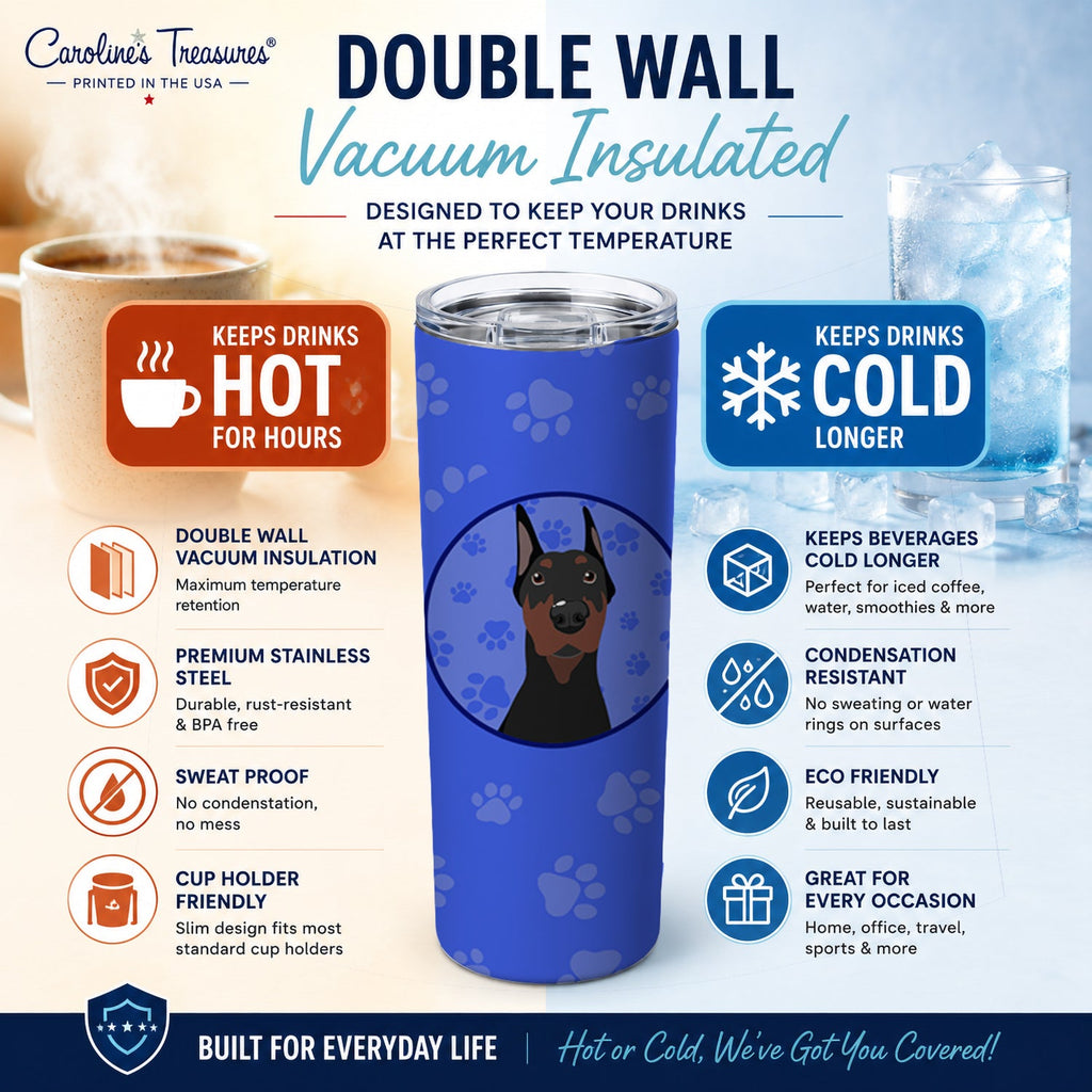 Doberman Pinscher Black Cropped Ears  Stainless Steel Skinny Tumbler 20 oz Vacuum Double Walled Reusable Insulated Travel Cup