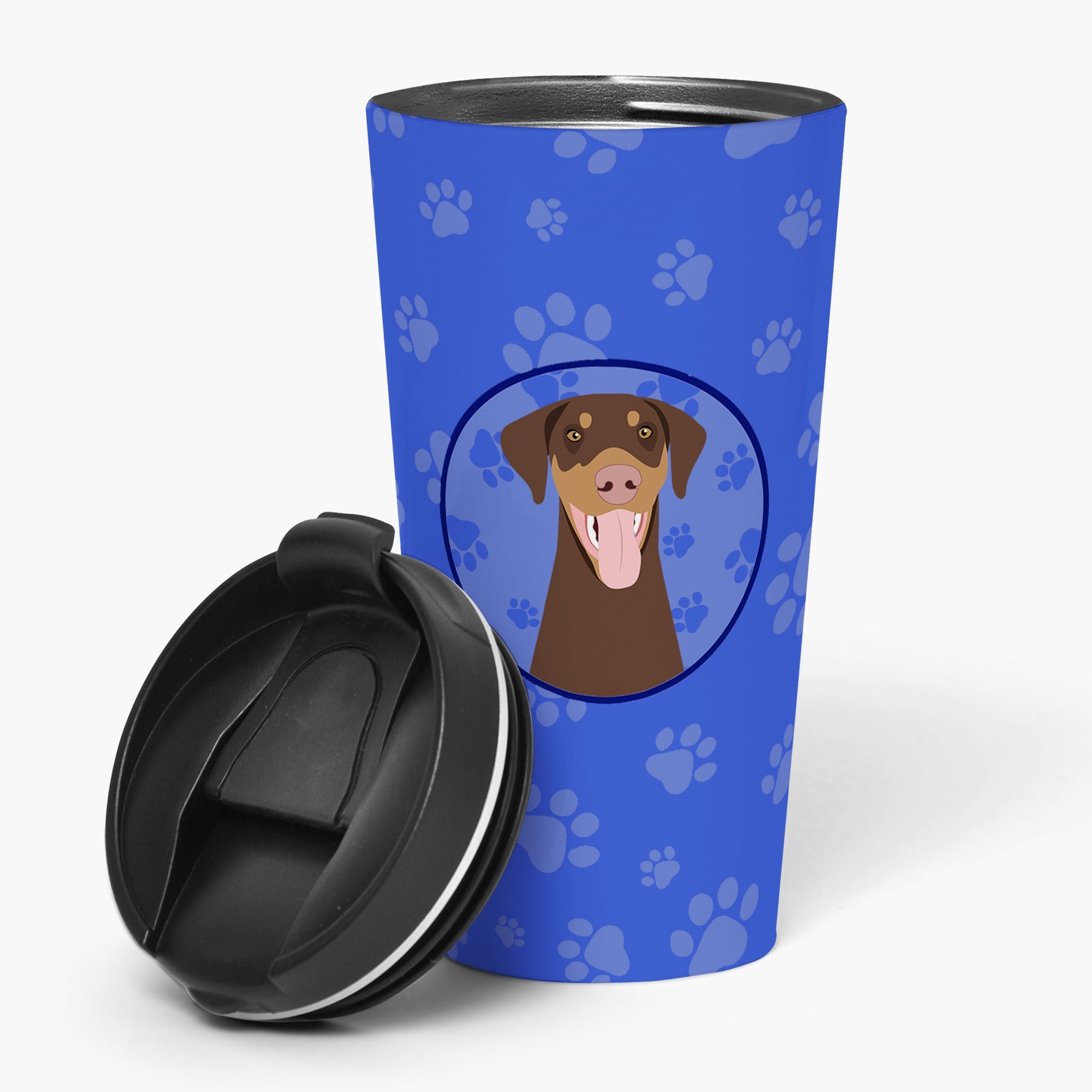 Doberman Pinscher Red and Rust Natural Ears #1  Stainless Steel 16 oz  Tumbler Blue Insulated Tumbler with Lid, Cute Travel Cup for Coffee, Cocktails, Gift Men, Dad, Women, Mother