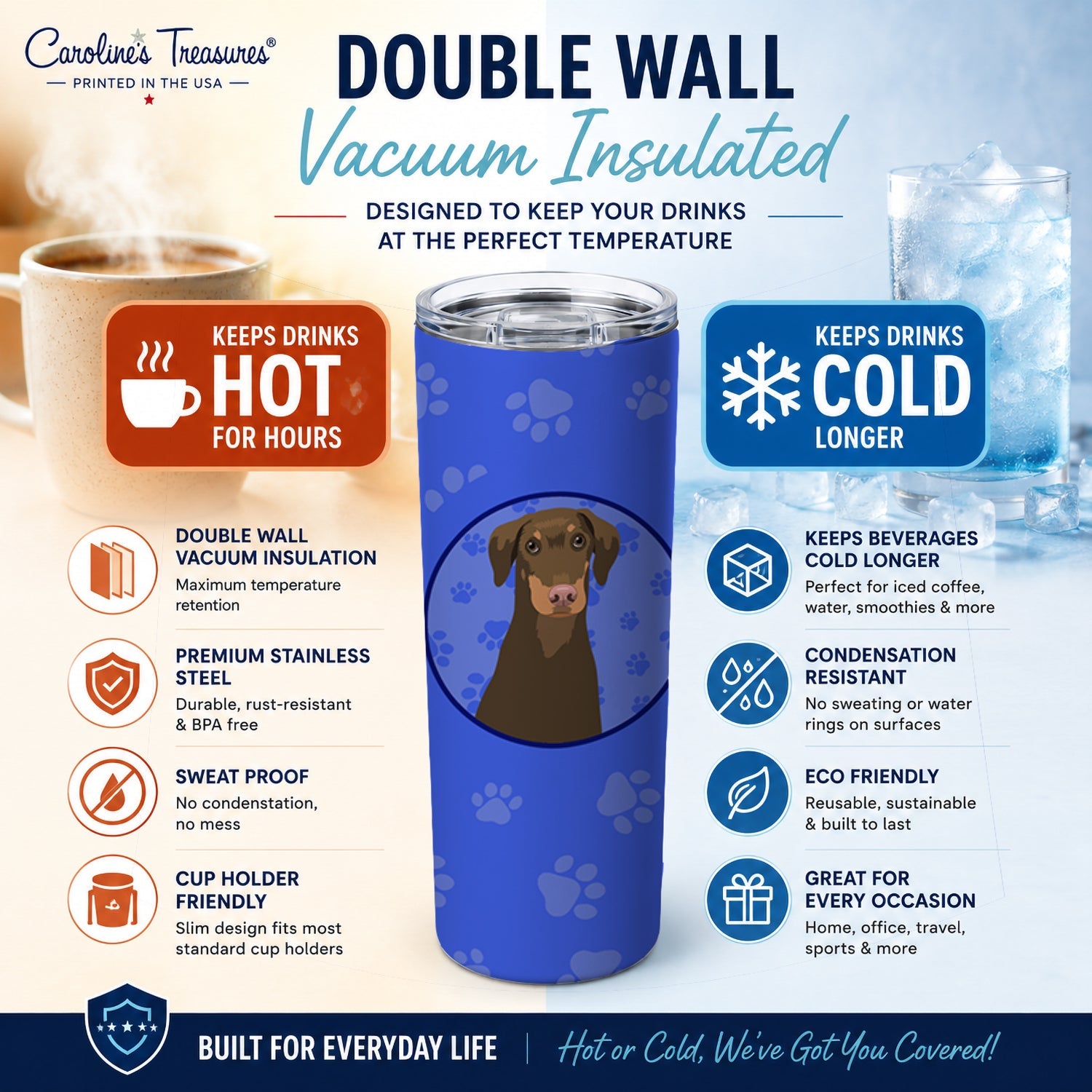 Doberman Pinscher Red and Rust Natural Ears #2  Stainless Steel Skinny Tumbler 20 oz Vacuum Double Walled Reusable Insulated Travel Cup