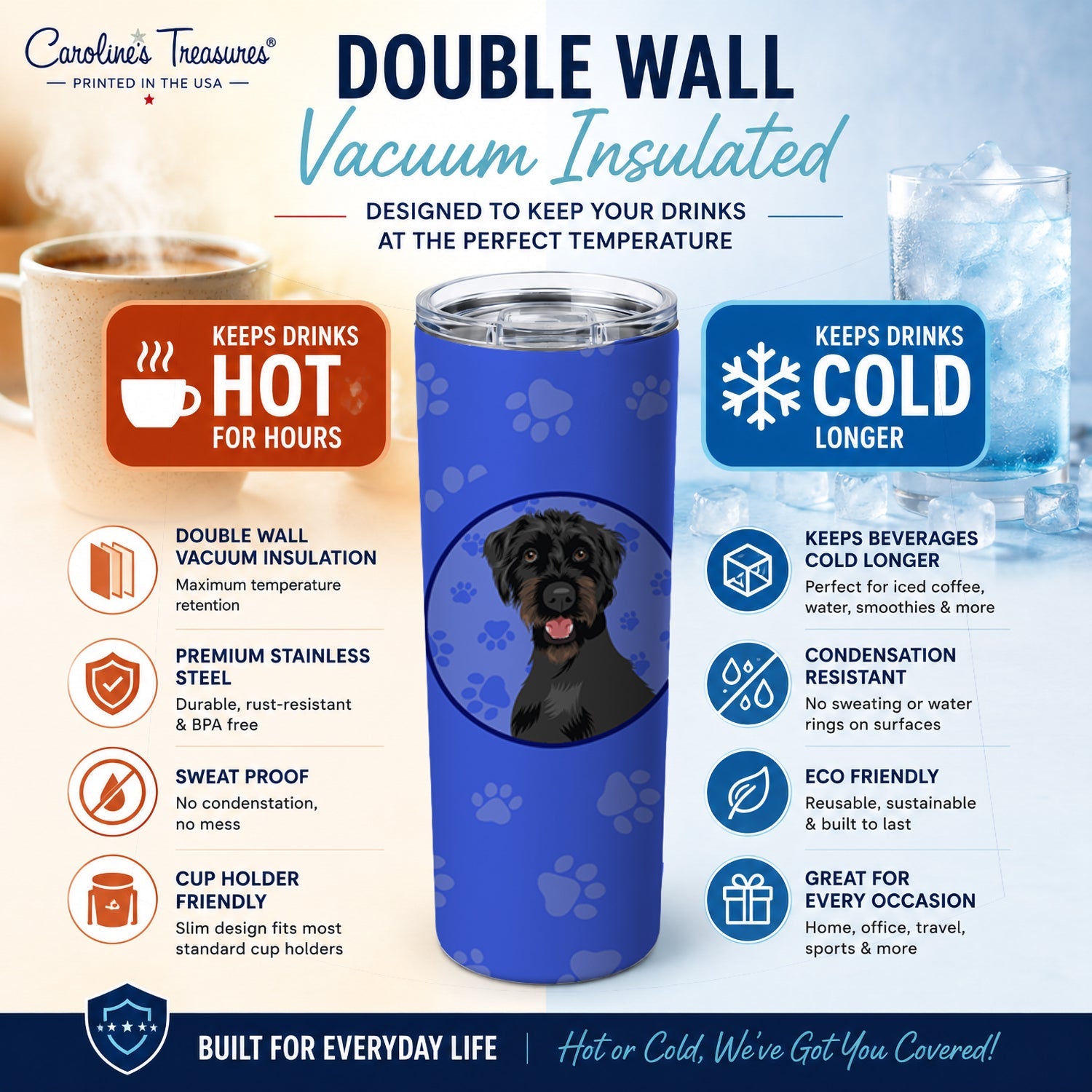 Doodle Black and Tan  Stainless Steel Skinny Tumbler 20 oz Vacuum Double Walled Reusable Insulated Travel Cup