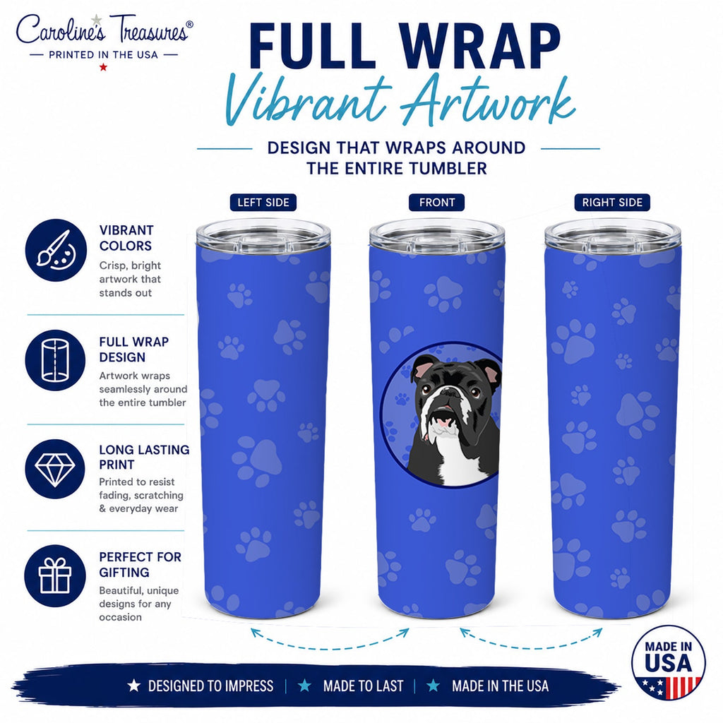 English Bulldog Black and White  Stainless Steel Skinny Tumbler 20 oz Vacuum Double Walled Reusable Insulated Travel Cup