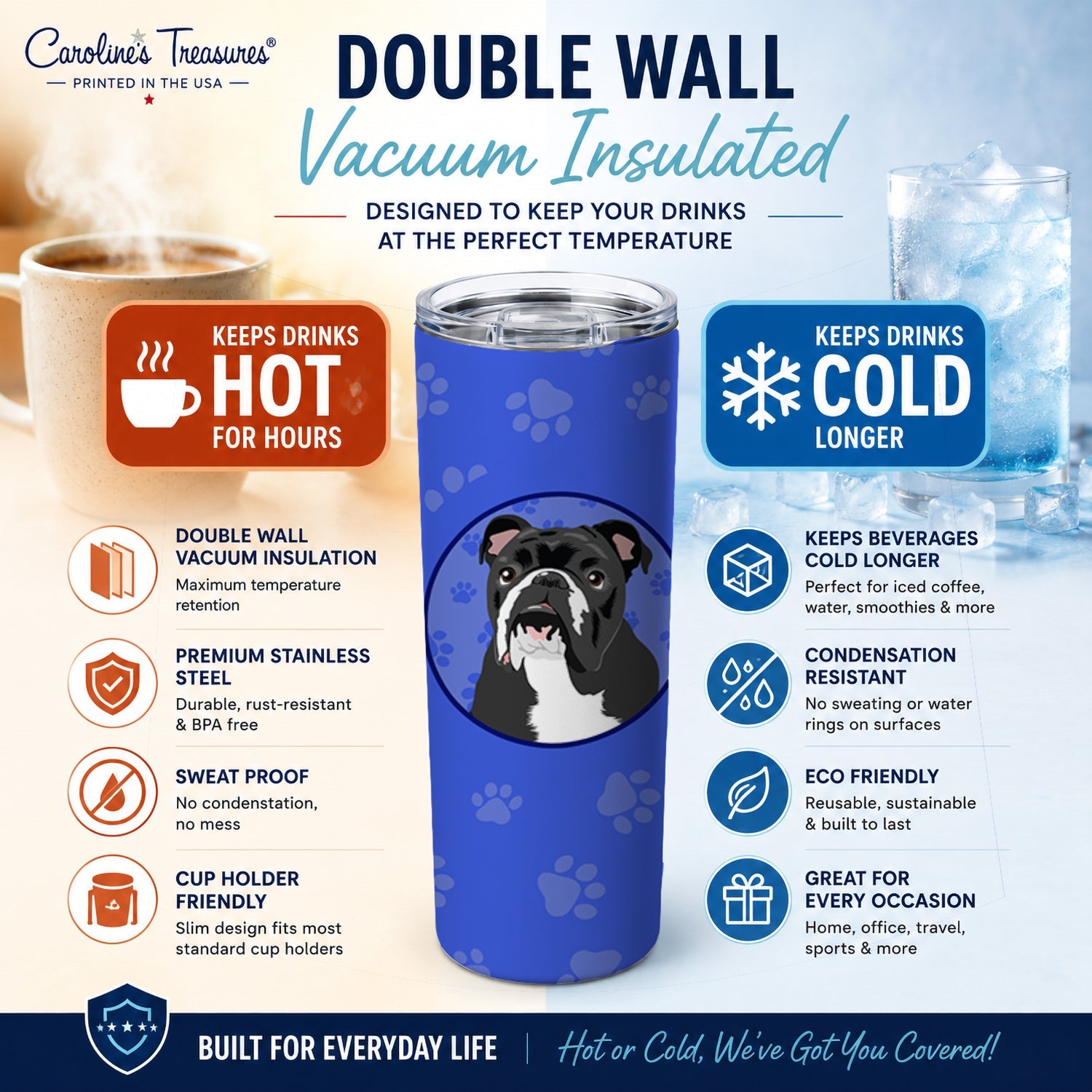 English Bulldog Black and White  Stainless Steel Skinny Tumbler 20 oz Vacuum Double Walled Reusable Insulated Travel Cup