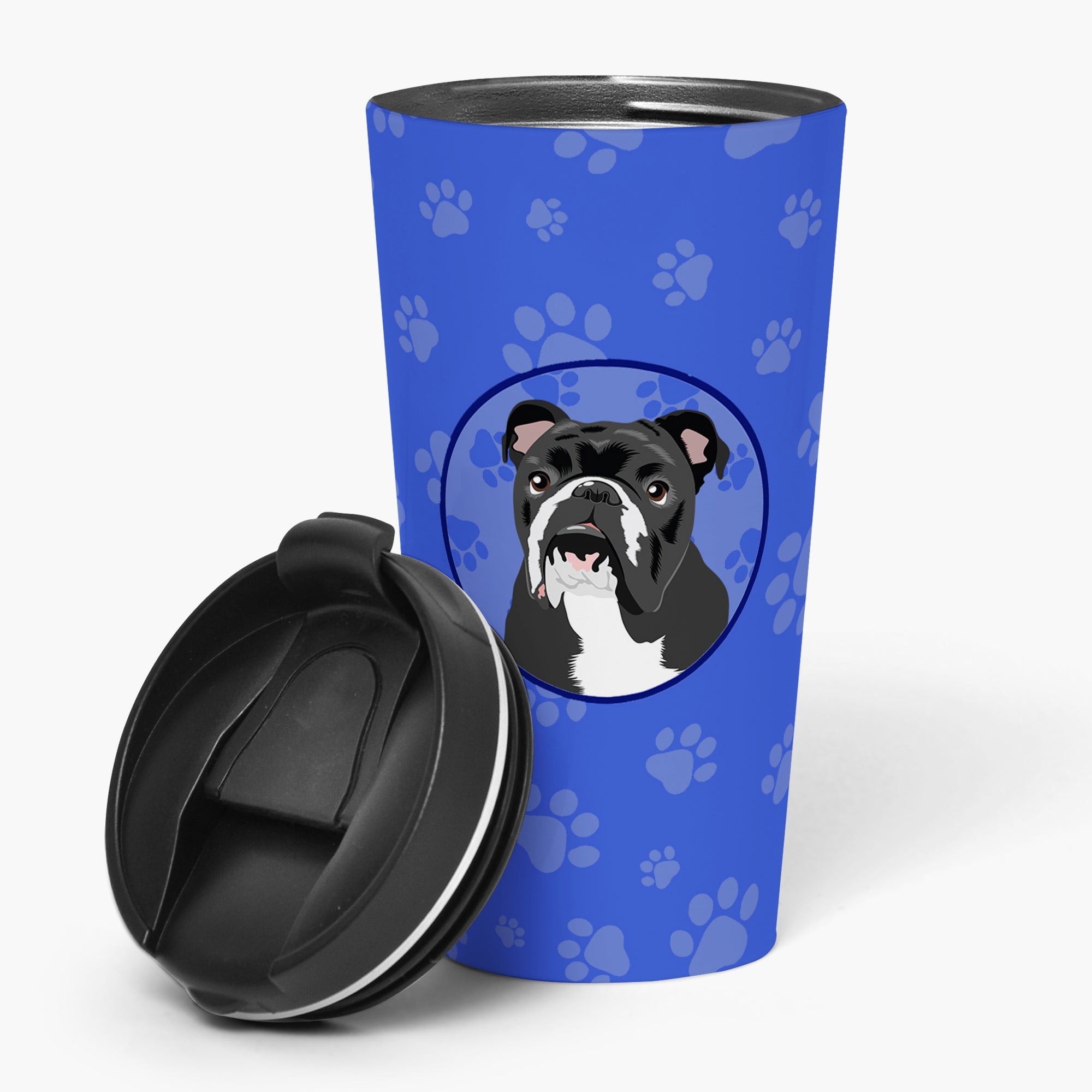 English Bulldog Black and White  Stainless Steel 16 oz  Tumbler Blue Insulated Tumbler with Lid, Cute Travel Cup for Coffee, Cocktails, Gift Men, Dad, Women, Mother