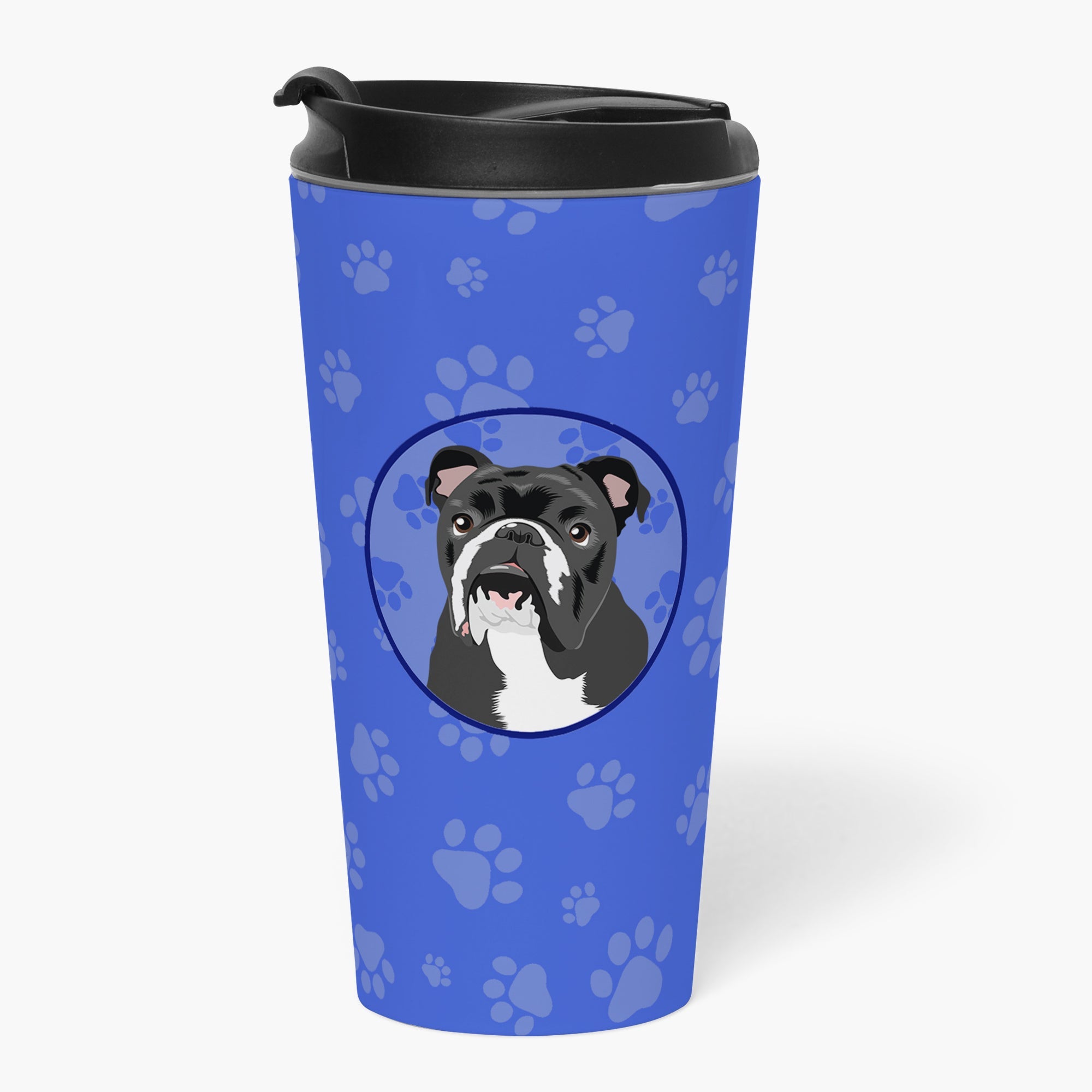English Bulldog Black and White  Stainless Steel 16 oz  Tumbler Blue Insulated Tumbler with Lid, Cute Travel Cup for Coffee, Cocktails, Gift Men, Dad, Women, Mother