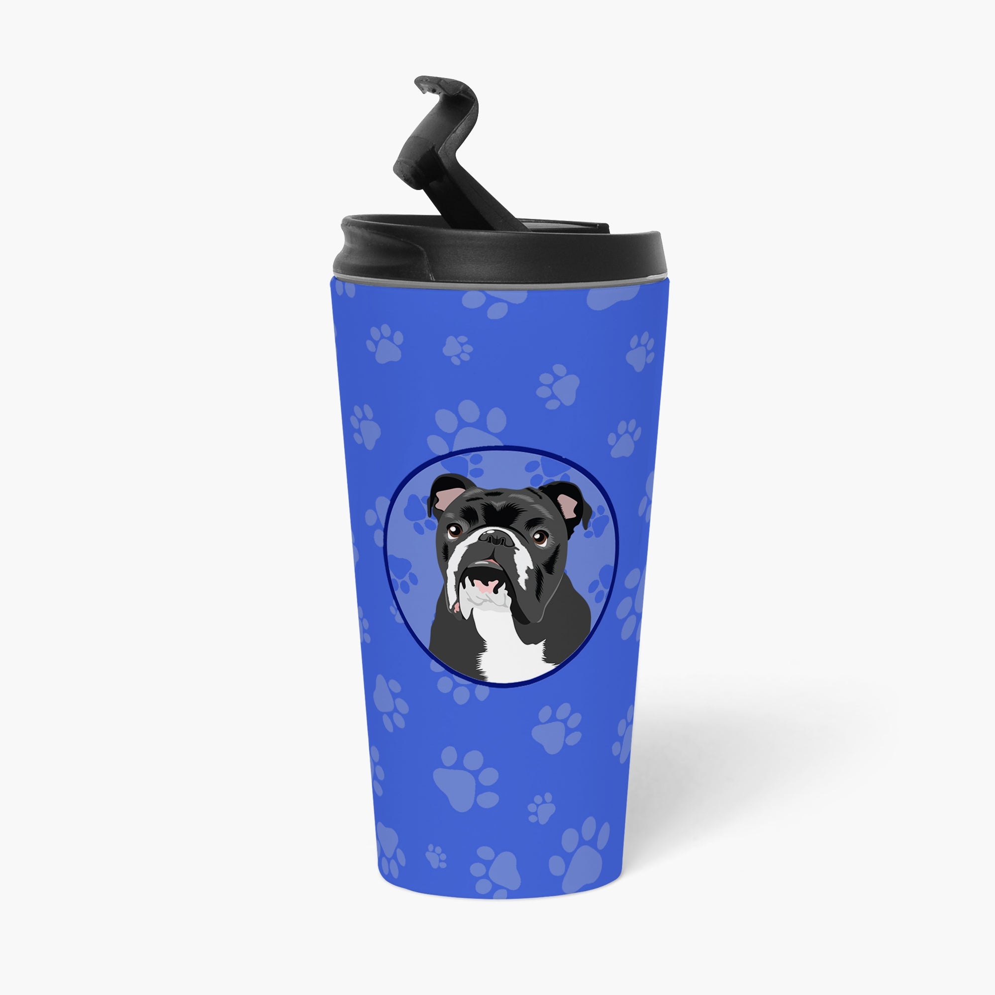 English Bulldog Black and White  Stainless Steel 16 oz  Tumbler Blue Insulated Tumbler with Lid, Cute Travel Cup for Coffee, Cocktails, Gift Men, Dad, Women, Mother