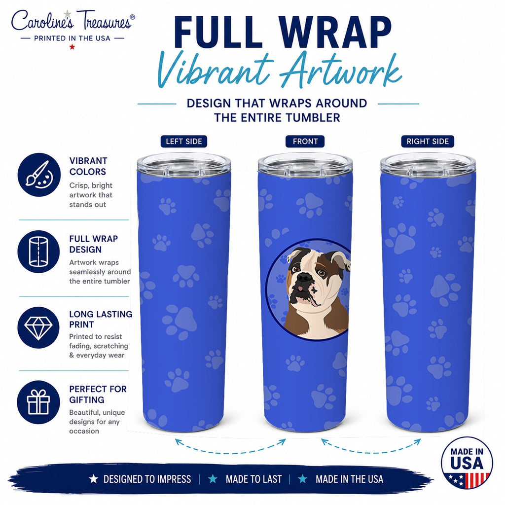 English Bulldog Chocolate Tan  Stainless Steel Skinny Tumbler 20 oz Vacuum Double Walled Reusable Insulated Travel Cup
