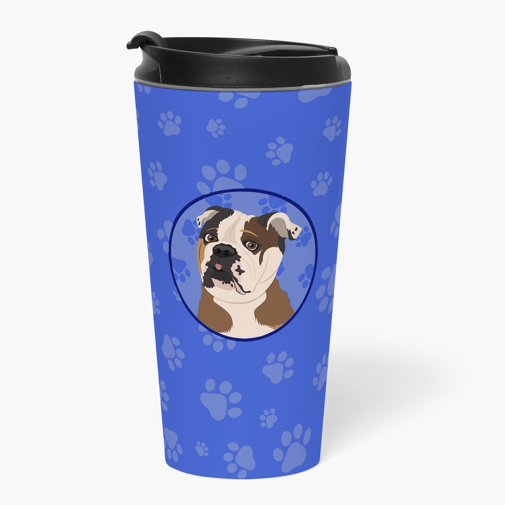 English Bulldog Chocolate Tan  Stainless Steel 16 oz  Tumbler Blue Insulated Tumbler with Lid, Cute Travel Cup for Coffee, Cocktails, Gift Men, Dad, Women, Mother