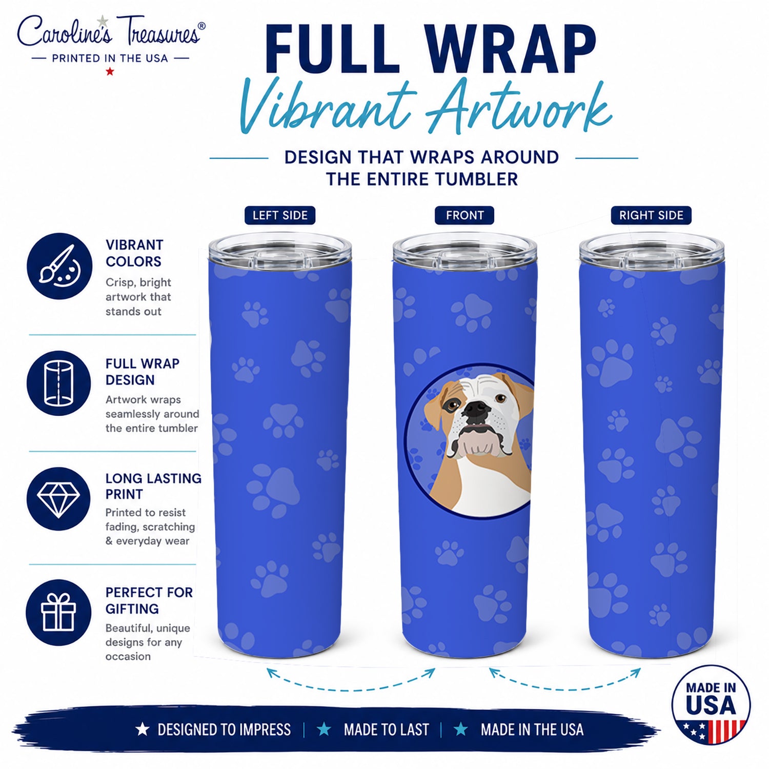 English Bulldog Fawn and White  Stainless Steel Skinny Tumbler 20 oz Vacuum Double Walled Reusable Insulated Travel Cup