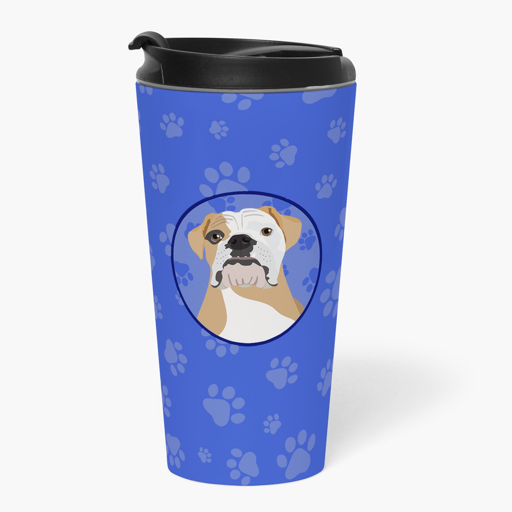 English Bulldog Fawn and White  Stainless Steel 16 oz  Tumbler Blue Insulated Tumbler with Lid, Cute Travel Cup for Coffee, Cocktails, Gift Men, Dad, Women, Mother