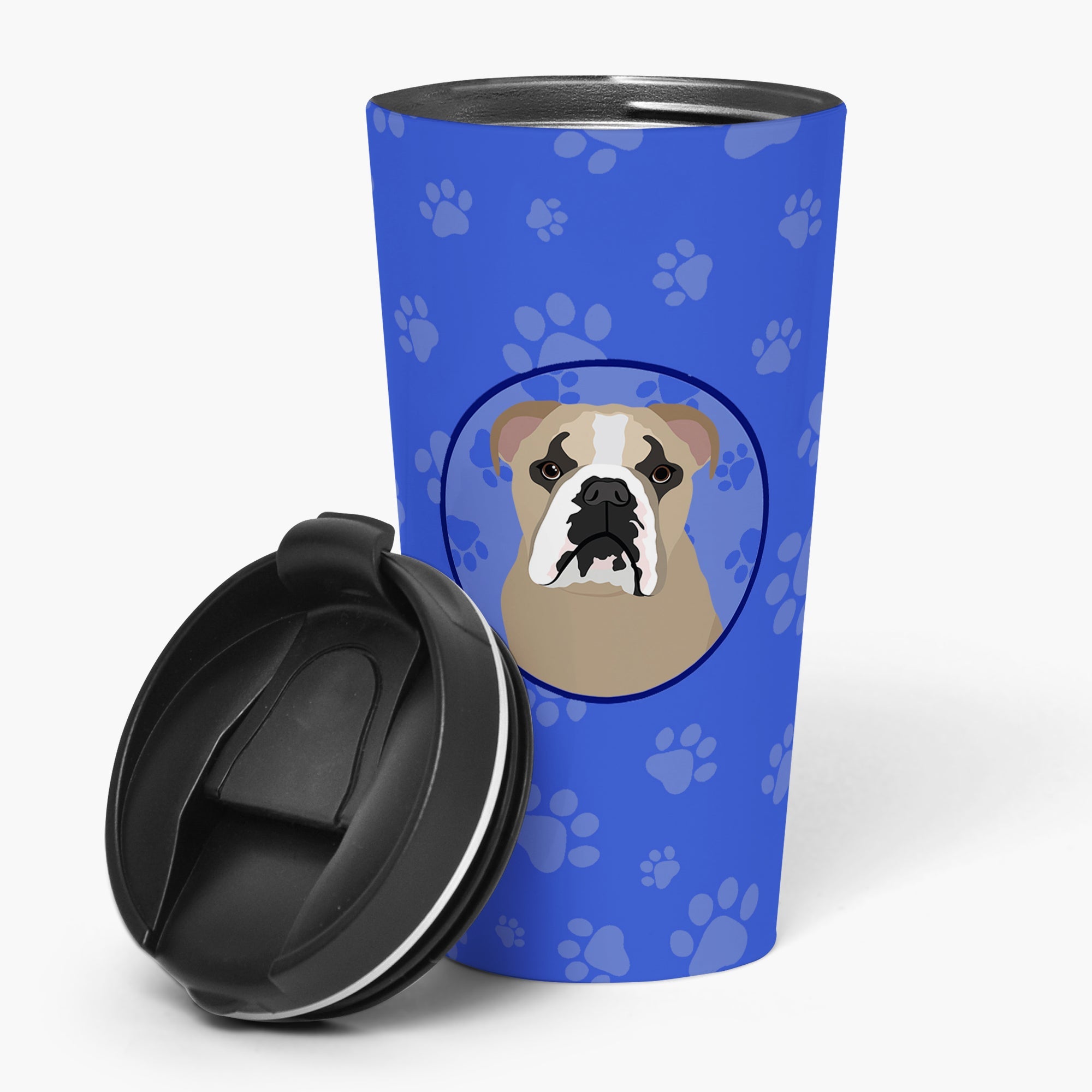 English Bulldog Lilac Tricolor  Stainless Steel 16 oz  Tumbler Blue Insulated Tumbler with Lid, Cute Travel Cup for Coffee, Cocktails, Gift Men, Dad, Women, Mother