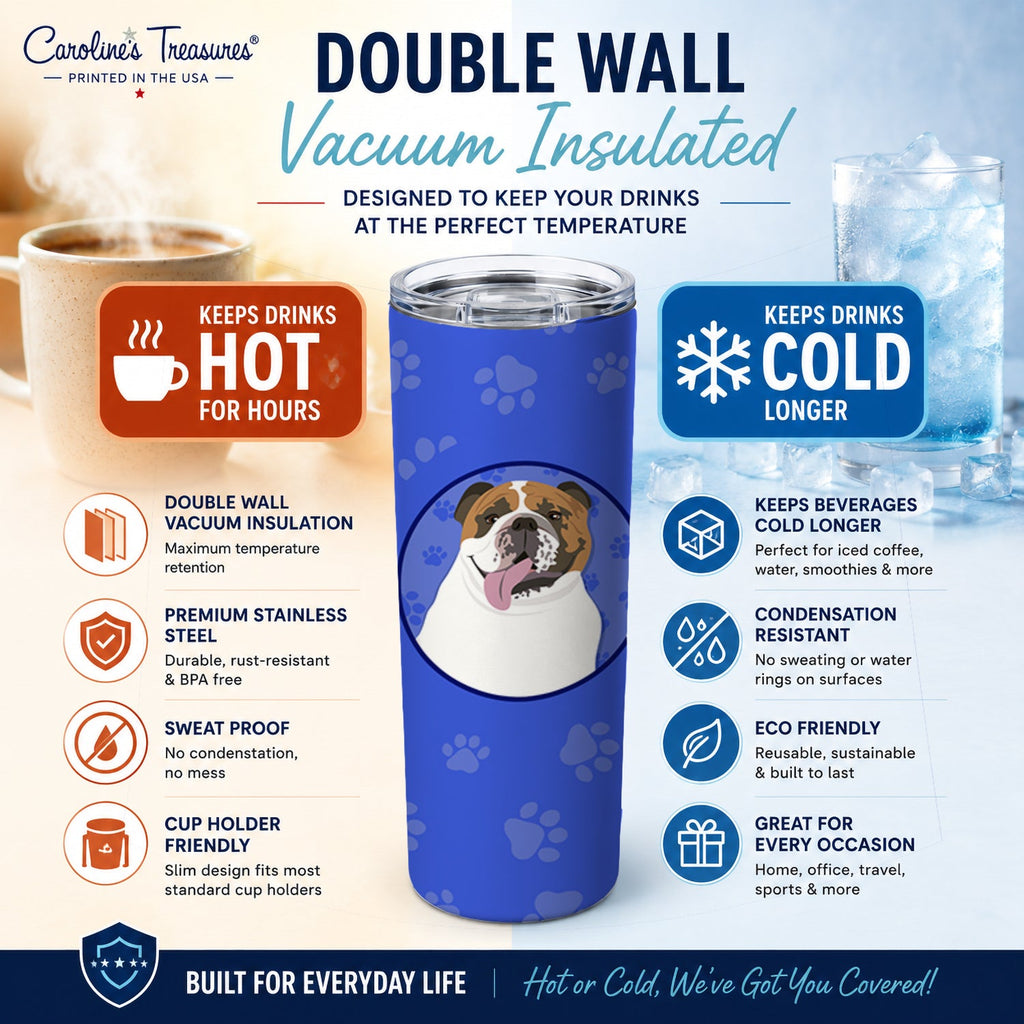 English Bulldog Tricolor #1  Stainless Steel Skinny Tumbler 20 oz Vacuum Double Walled Reusable Insulated Travel Cup