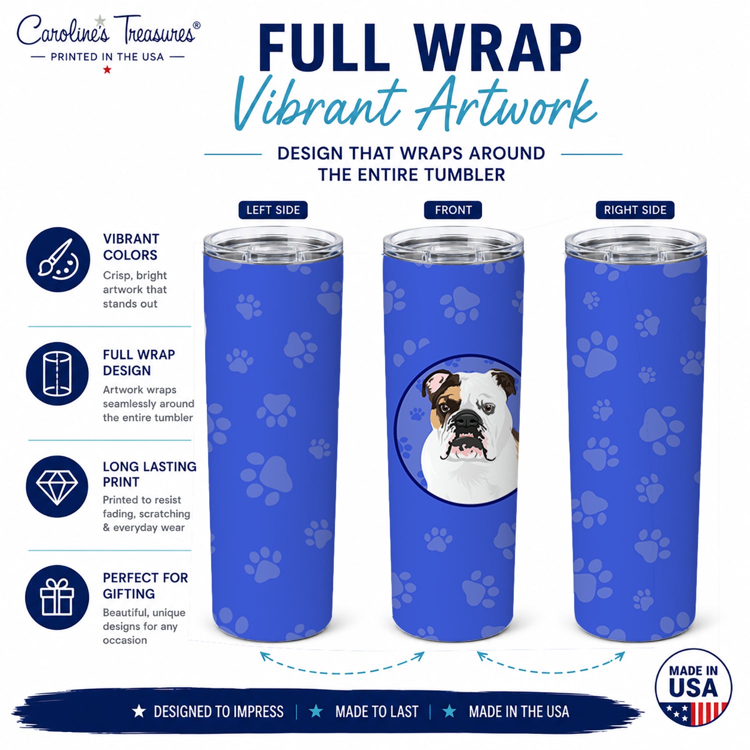 English Bulldog Tricolor #3  Stainless Steel Skinny Tumbler 20 oz Vacuum Double Walled Reusable Insulated Travel Cup