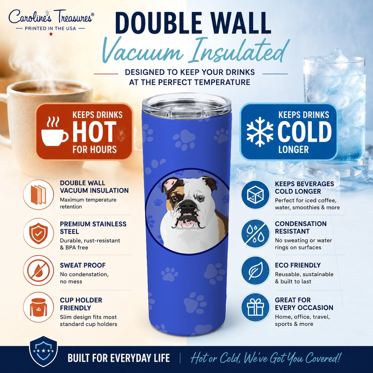 English Bulldog Tricolor #3  Stainless Steel Skinny Tumbler 20 oz Vacuum Double Walled Reusable Insulated Travel Cup