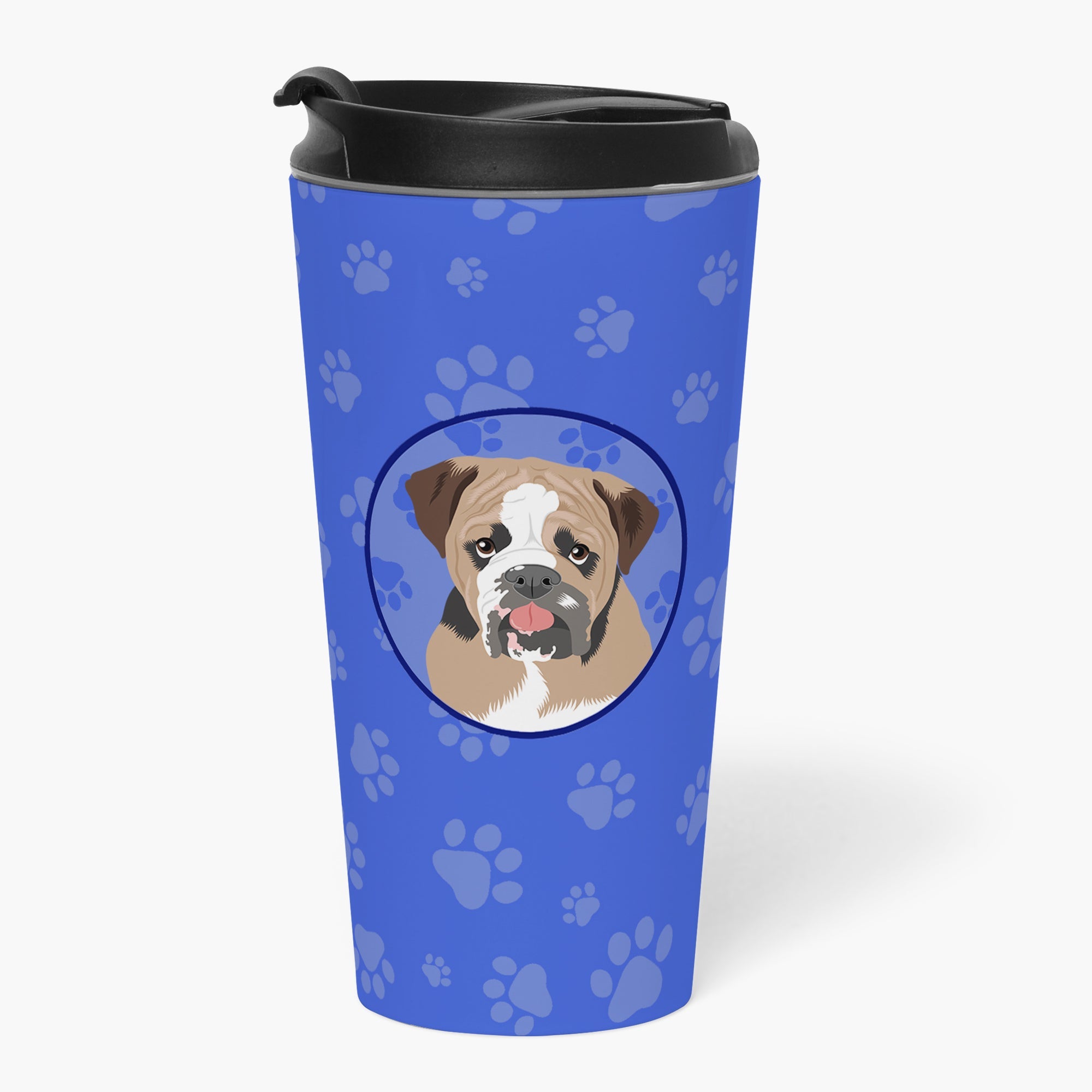 English Bulldog Tricolor #4  Stainless Steel 16 oz  Tumbler Blue Insulated Tumbler with Lid, Cute Travel Cup for Coffee, Cocktails, Gift Men, Dad, Women, Mother