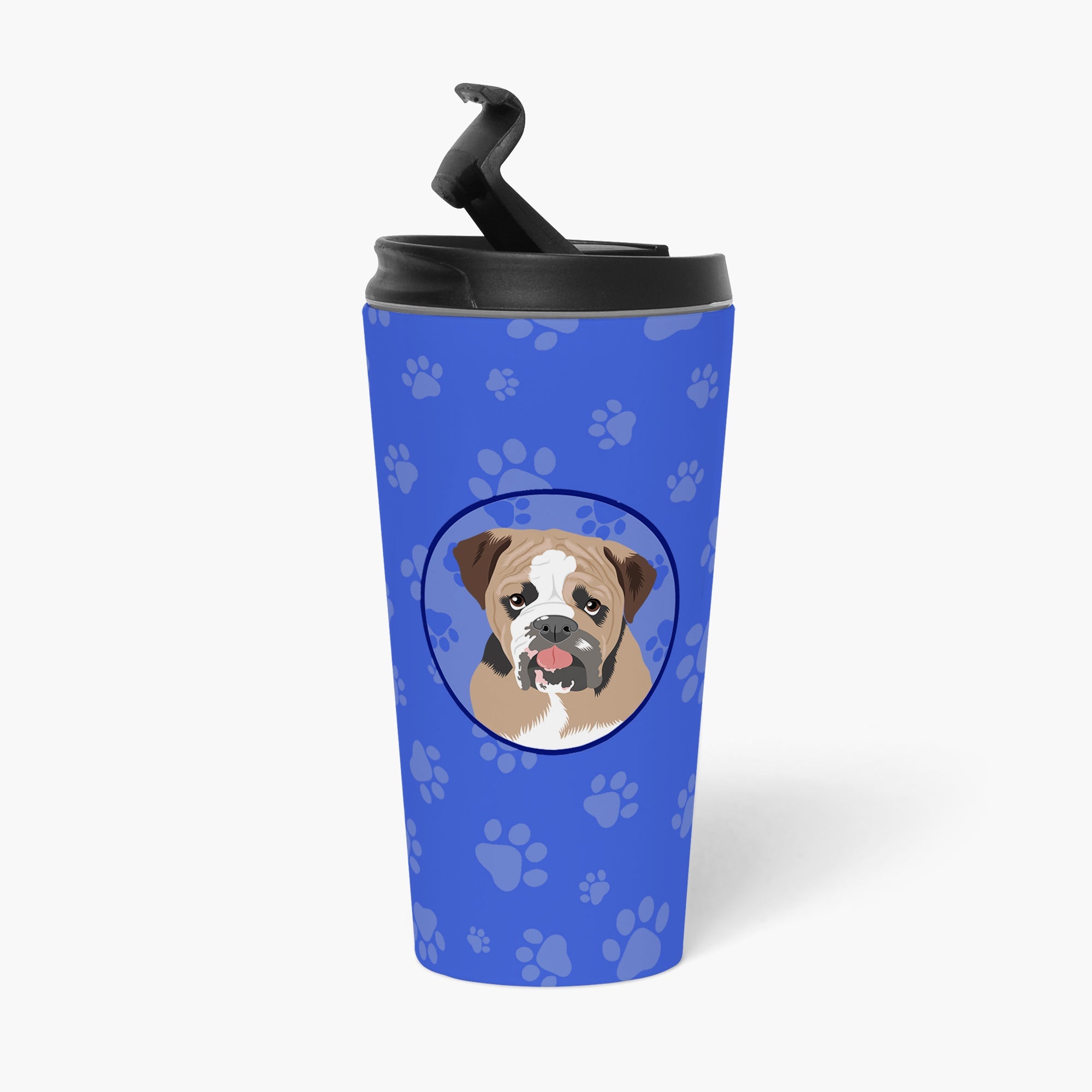 English Bulldog Tricolor #4  Stainless Steel 16 oz  Tumbler Blue Insulated Tumbler with Lid, Cute Travel Cup for Coffee, Cocktails, Gift Men, Dad, Women, Mother