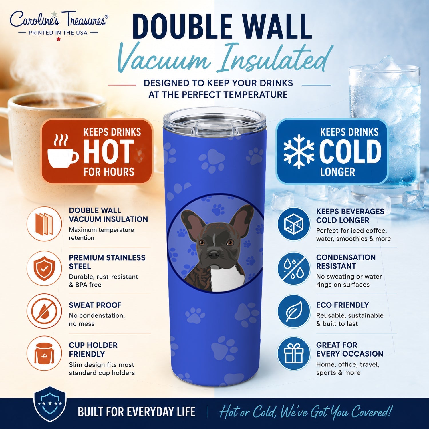 French Bulldog Brindle #2  Stainless Steel Skinny Tumbler 20 oz Vacuum Double Walled Reusable Insulated Travel Cup