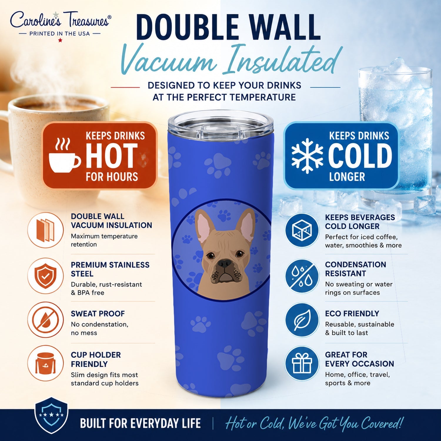 French Bulldog Cream  Stainless Steel Skinny Tumbler 20 oz Vacuum Double Walled Reusable Insulated Travel Cup