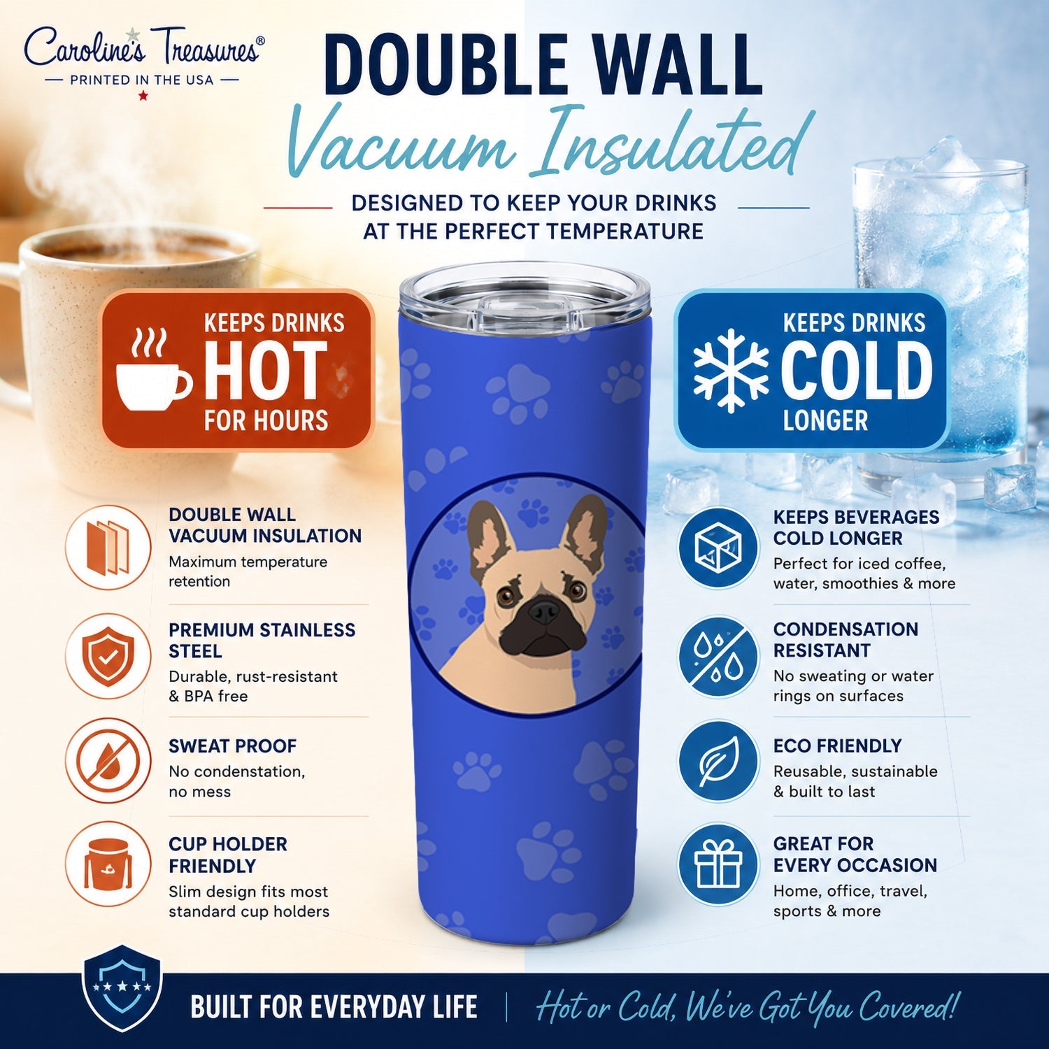 French Bulldog Fawn #1  Stainless Steel Skinny Tumbler 20 oz Vacuum Double Walled Reusable Insulated Travel Cup