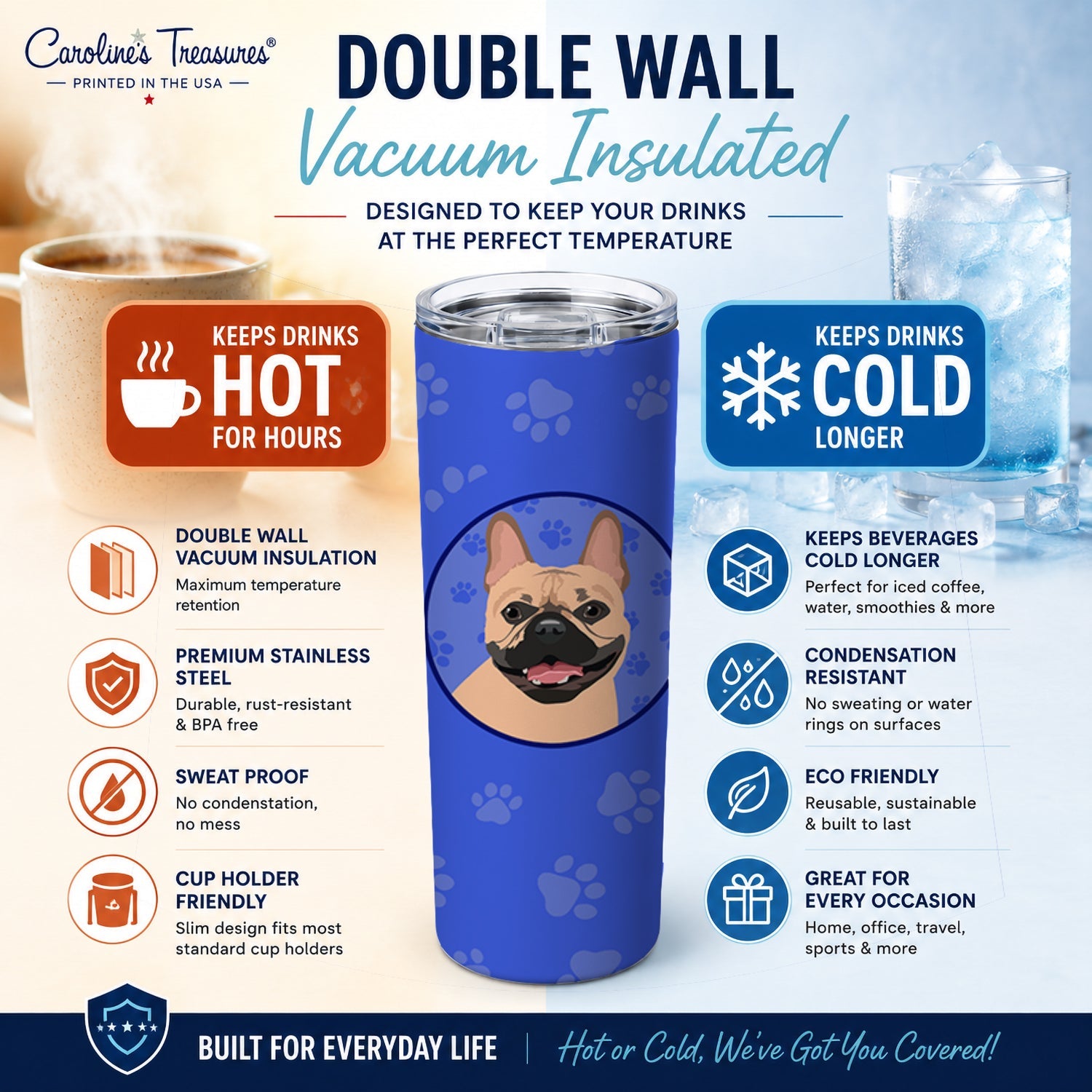 French Bulldog Fawn #2  Stainless Steel Skinny Tumbler 20 oz Vacuum Double Walled Reusable Insulated Travel Cup