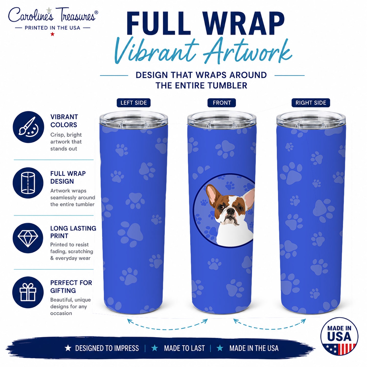 French Bulldog White #2  Stainless Steel Skinny Tumbler 20 oz Vacuum Double Walled Reusable Insulated Travel Cup